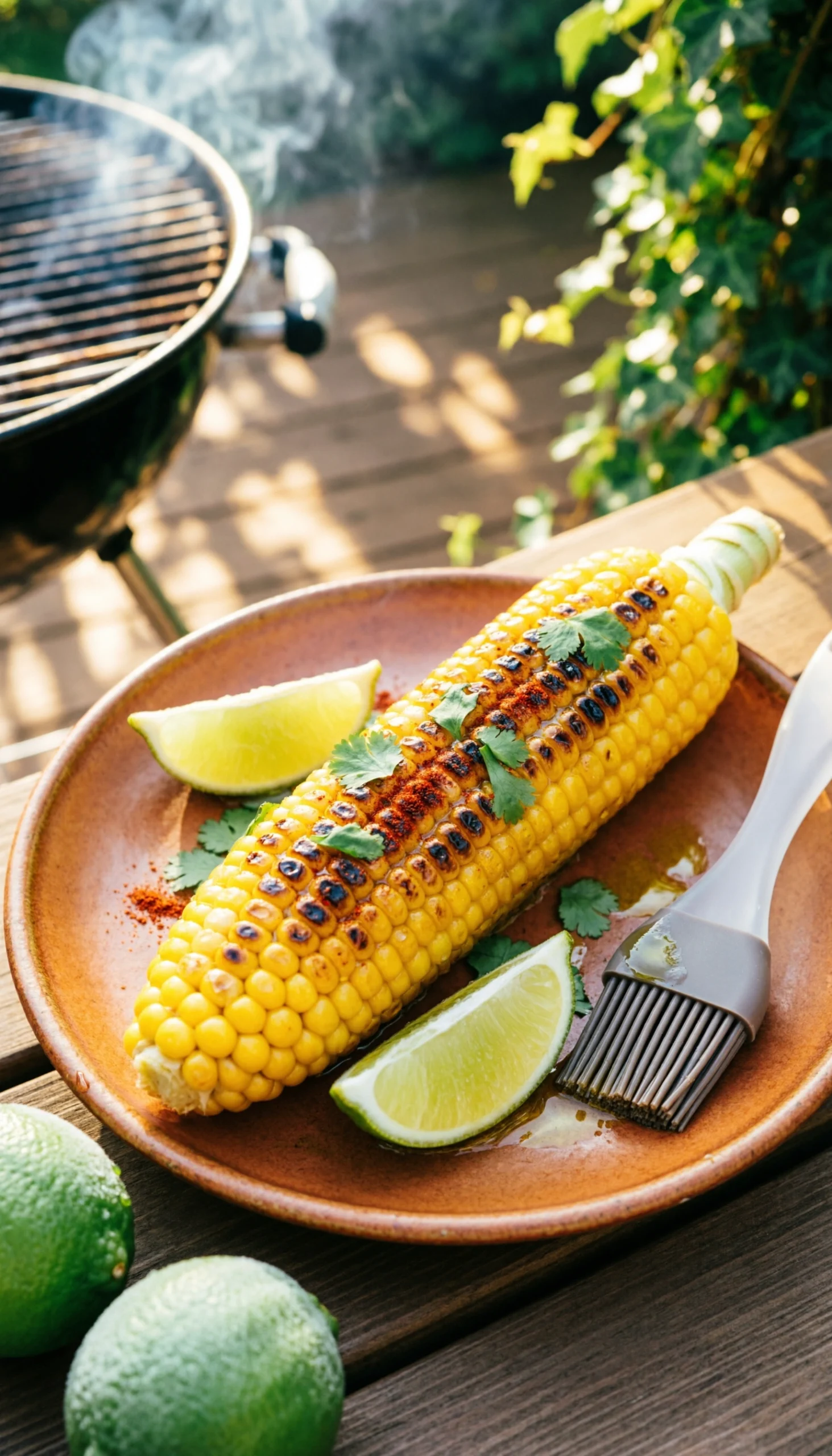 Charred grilled corn on the cob with chili powder, cilantro, and fresh lime wedges on a vintage ceramic plate.