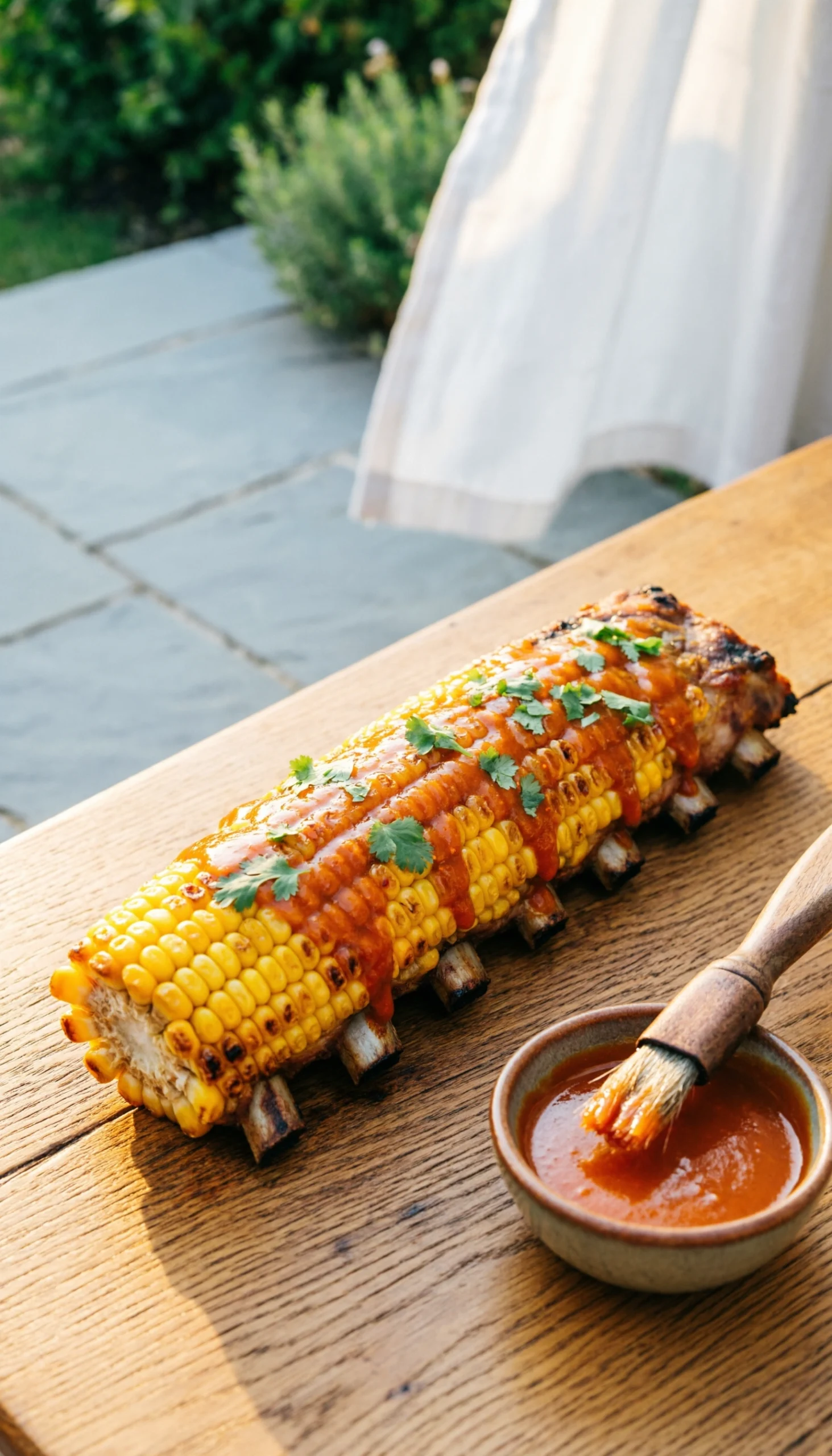 Charred grilled corn ribs brushed with spicy buffalo sauce and fresh cilantro served on a rustic wooden table.