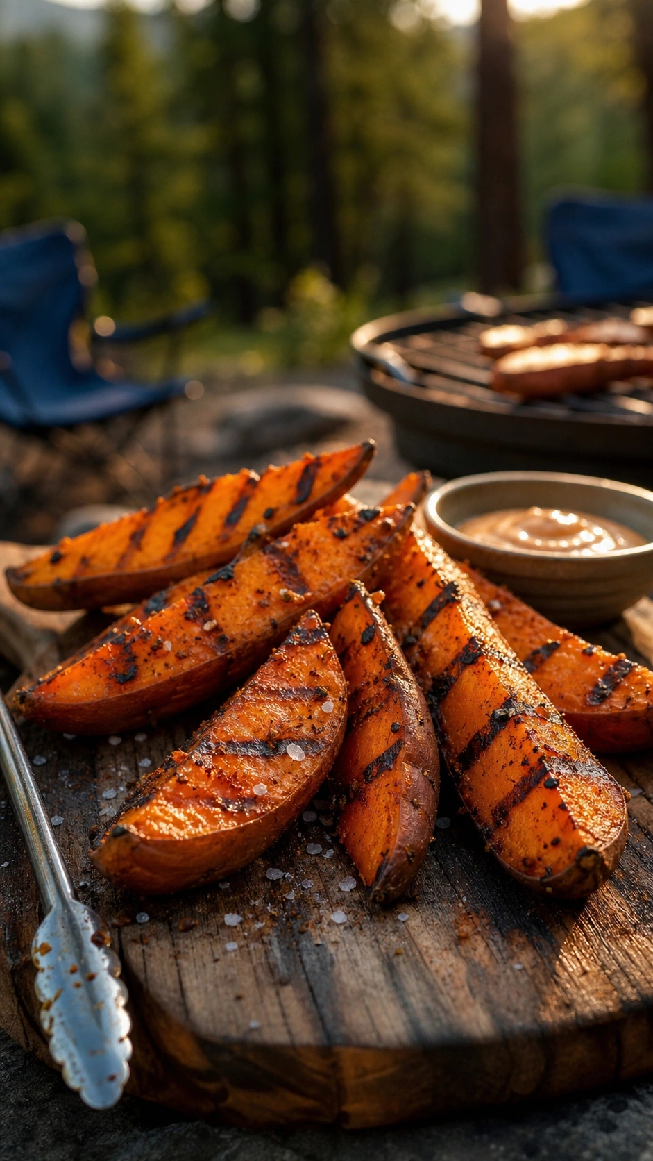 Charred grilled sweet potato wedges with sea salt and paprika on a wooden board next to a camping grill in a forest.