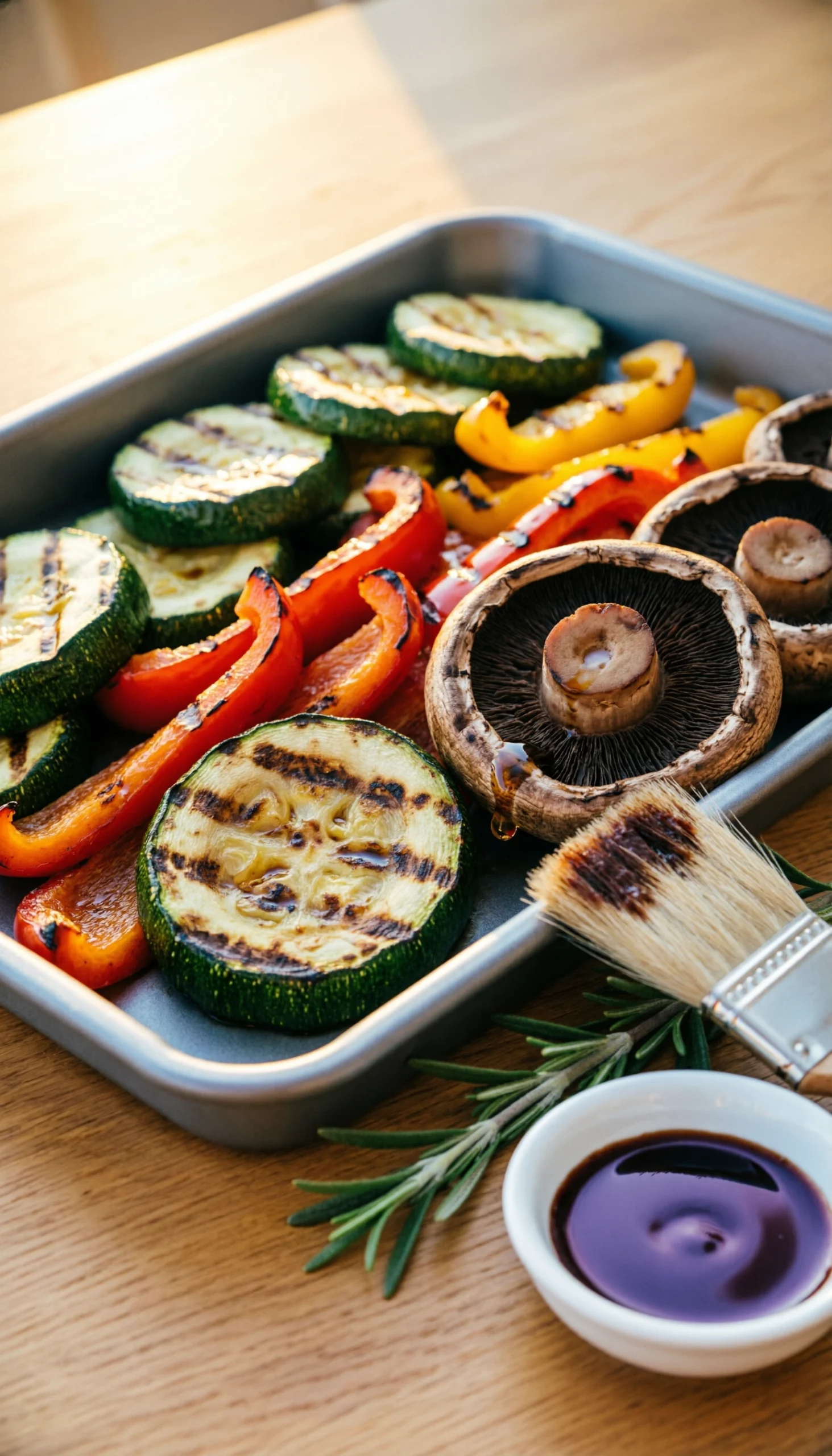 Charred grilled vegetable medley with zucchini, peppers, and portobello mushrooms in an aluminum transport pan.