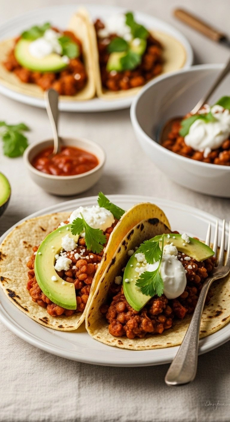 Charred Tortillas Filled With Hearty Mexican Lentils And Topped With Avocado, Cotija Cheese, And Fresh Sour Cream.