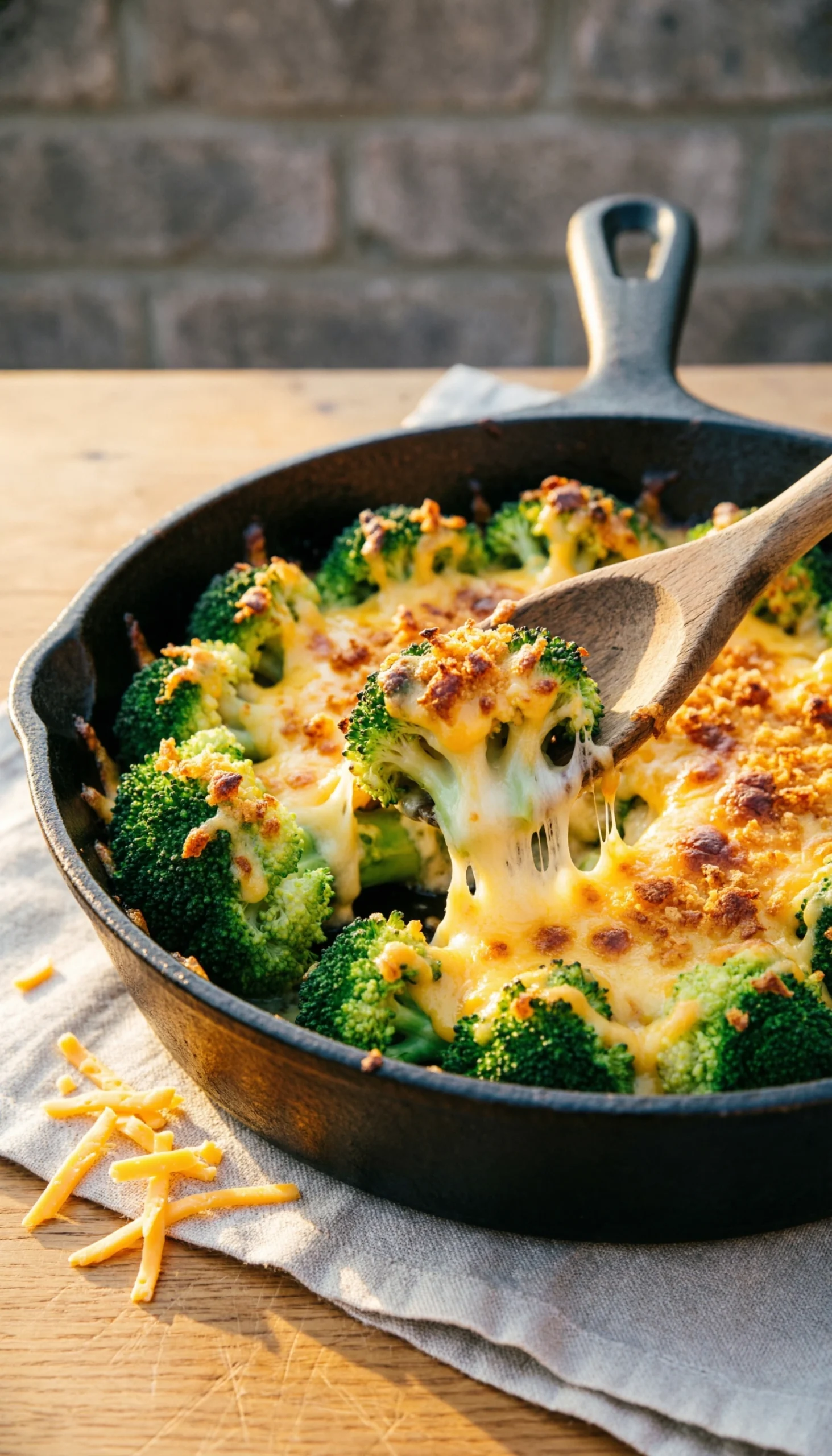 Cheesy broccoli casserole with a golden keto crumb topping in a rustic cast iron skillet on a wooden table.