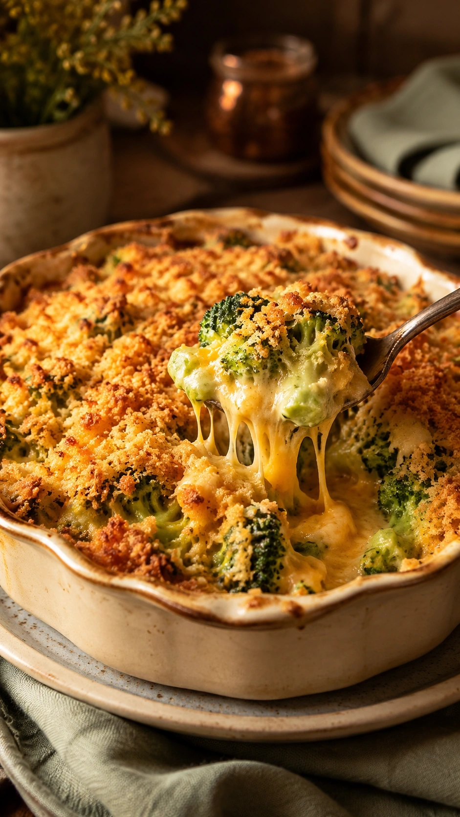 Cheesy broccoli casserole with bubbling cheddar sauce and golden breadcrumb crust in a ceramic baking dish.