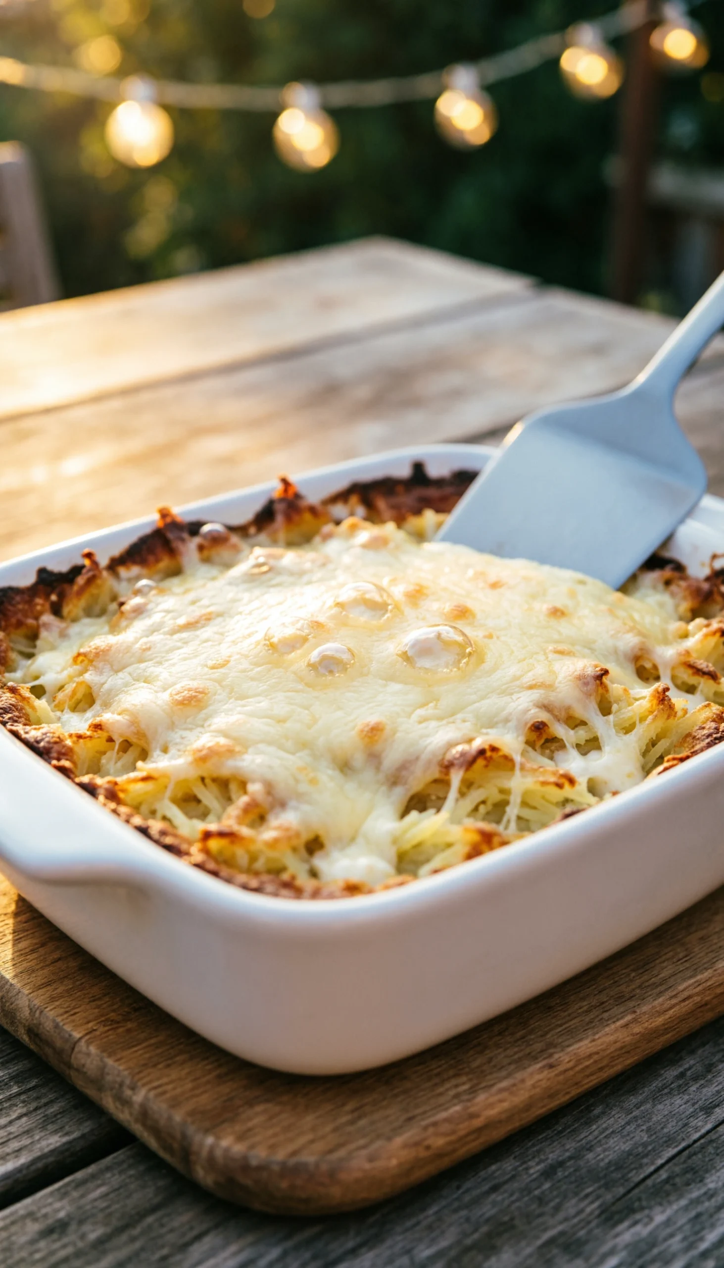 Cheesy hashbrown casserole with a golden-brown melted crust in a white ceramic baking dish on a wooden patio table.