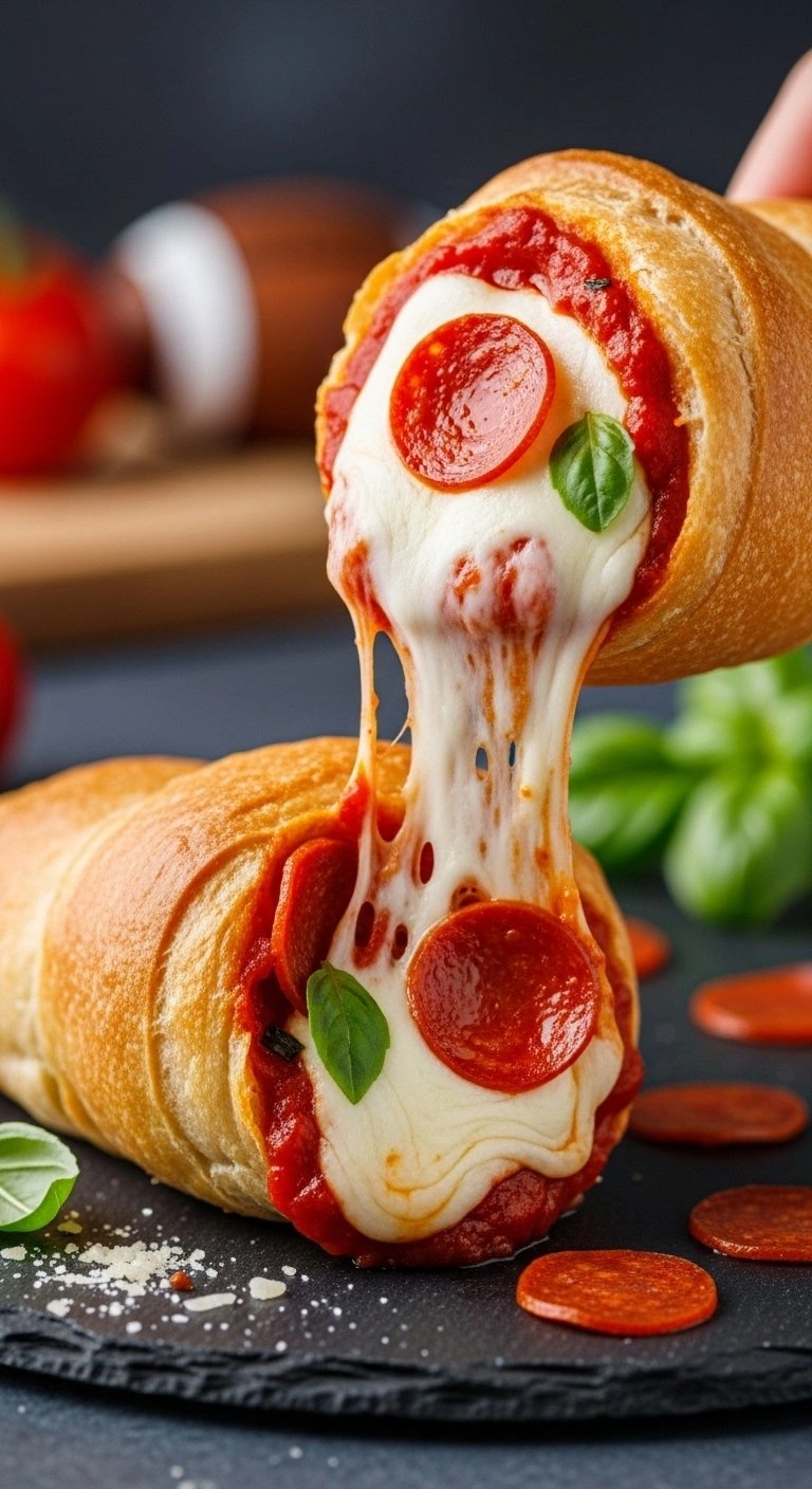 Cheesy Pizza Bread Cone With Melted Mozzarella And Pepperoni Slices On A Dark Stone Surface For A Game Day Snack.
