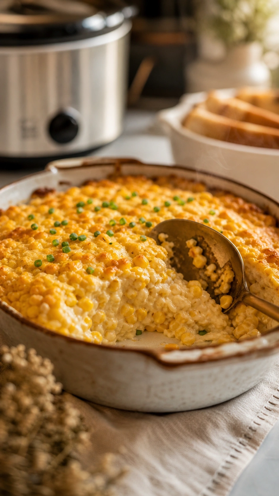 Cheesy slow-cooker corn casserole with a golden crust and fresh chives in a ceramic serving dish on a linen table runner.