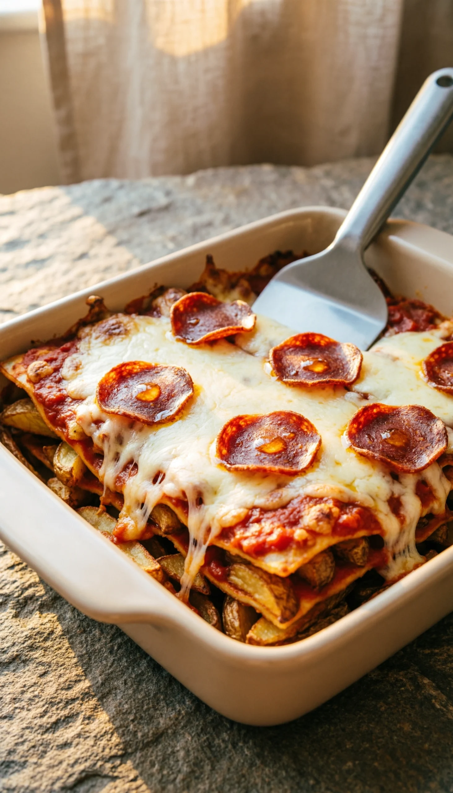 Cheesy tater tot pizza casserole with crispy potatoes and pepperoni slices in a white ceramic baking dish.