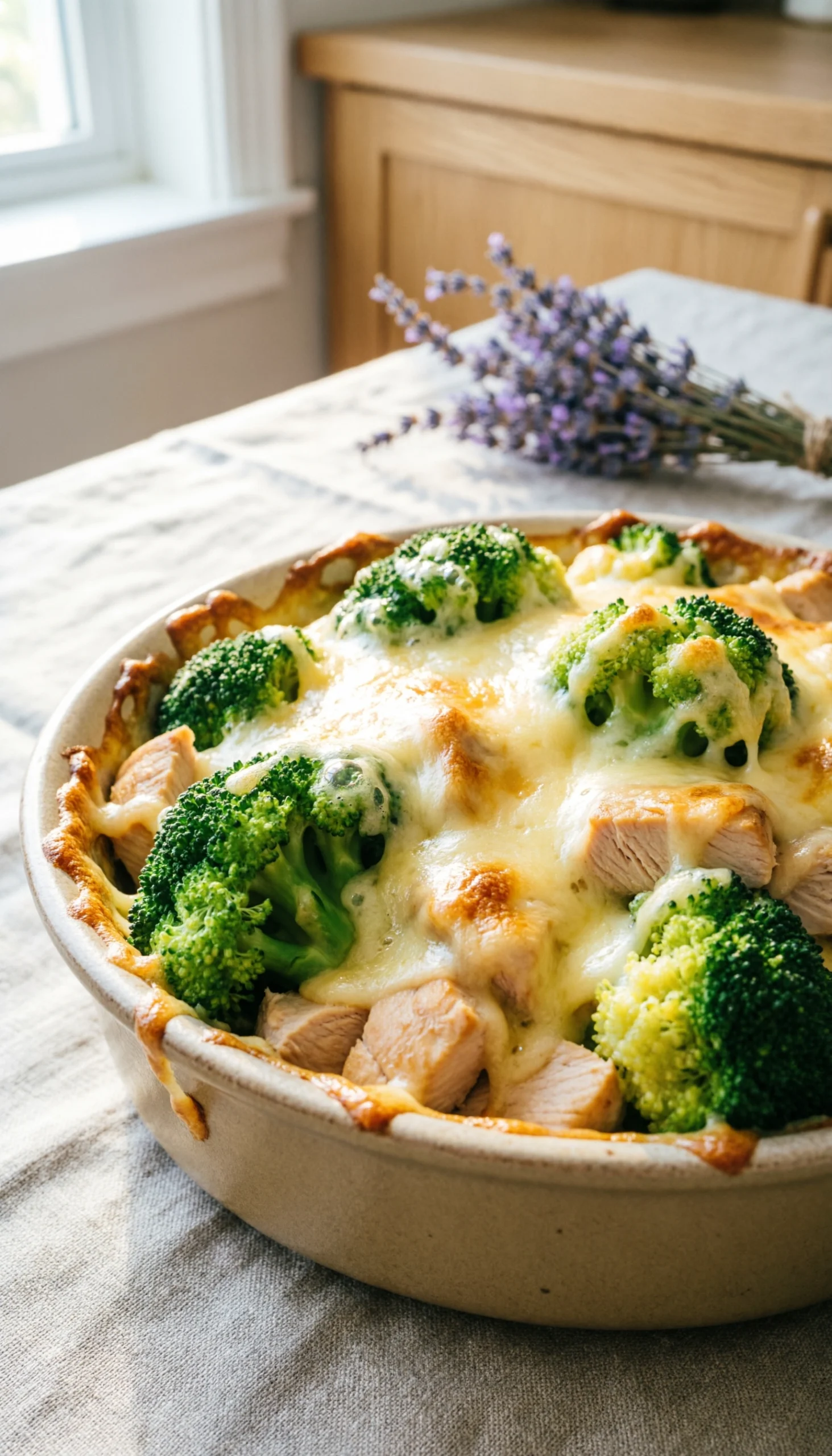 Cheesy turkey and broccoli hotdish with rich yellow cheese sauce and green florets in a rustic baking dish.