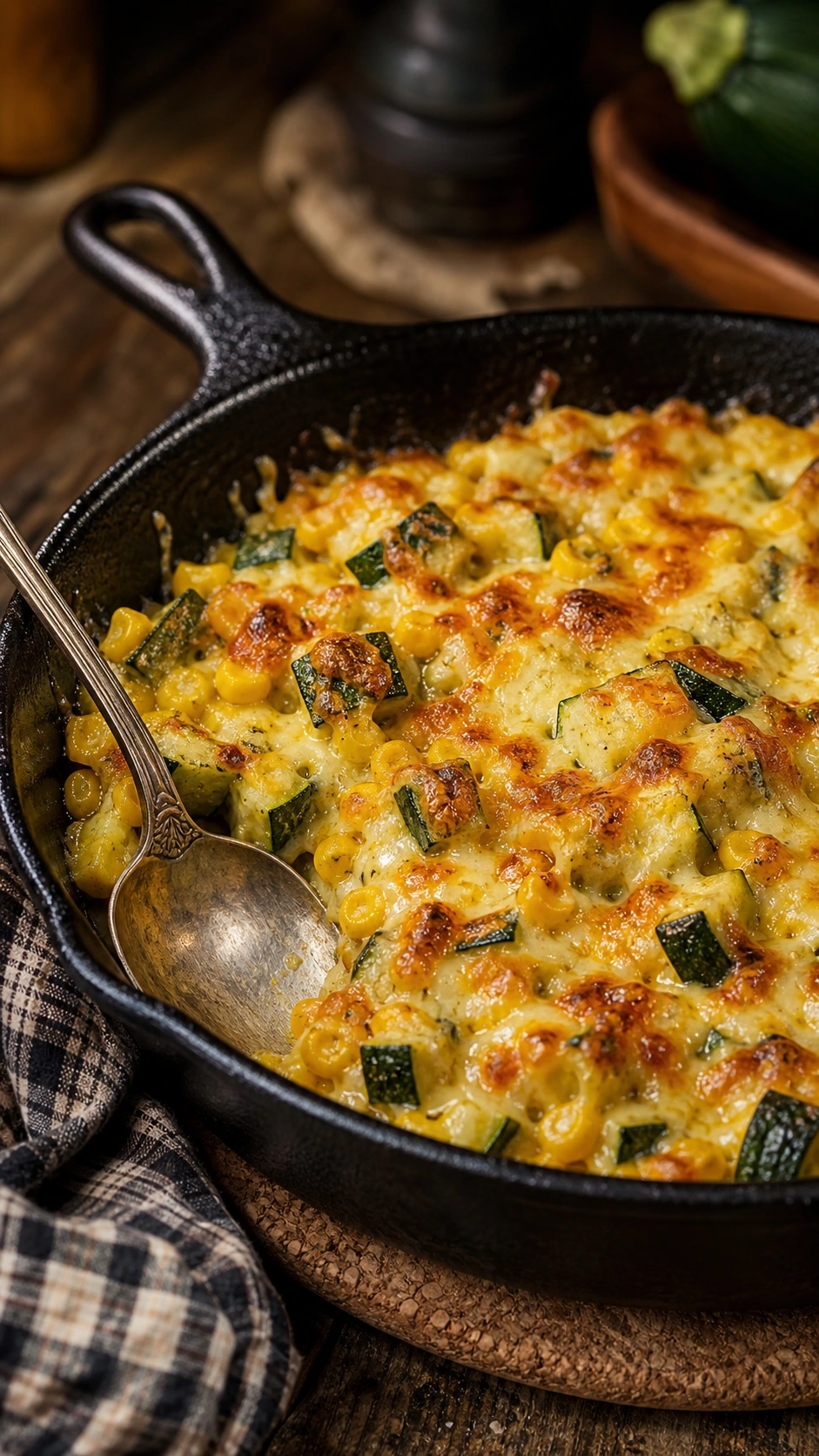 Cheesy zucchini and sweet corn casserole with a bubbling golden-brown gruyere crust in a rustic cast iron skillet.