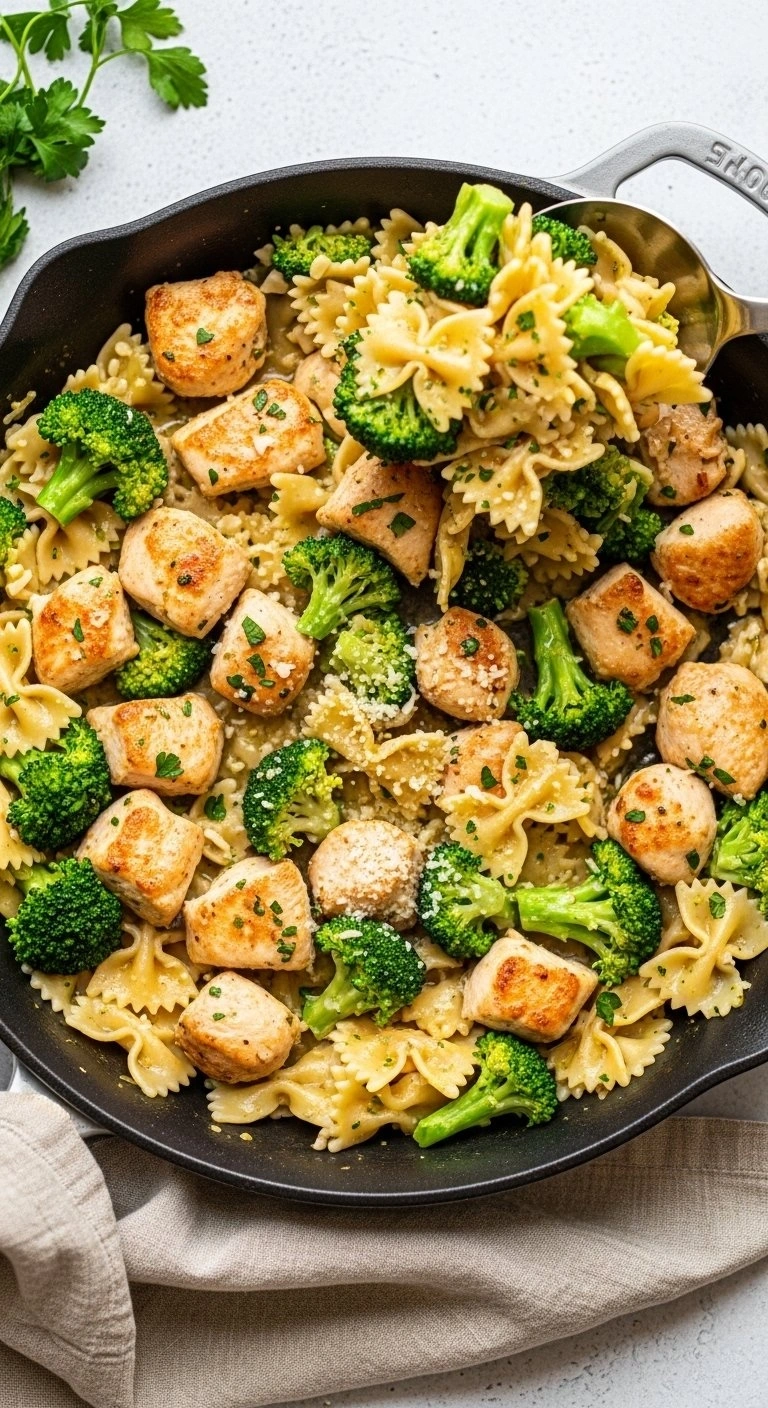 Chicken, Broccoli, And Bowtie Pasta Tossed In Lemon Butter Sauce In A Rustic Skillet, With Parmesan Cheese Falling.