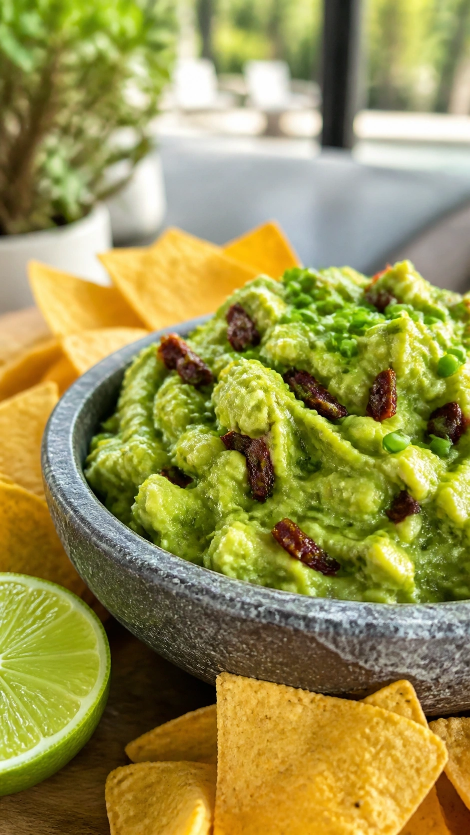 Chunky chipotle chive guacamole dip with smoky red peppers served with crispy tortilla chips on an outdoor patio.