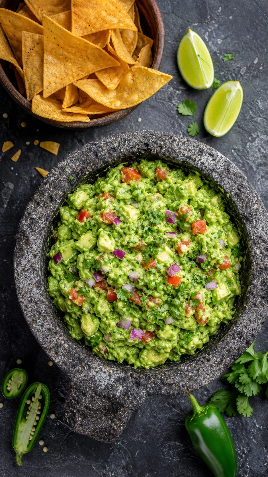 Chunky homemade guacamole with fresh cilantro and tomatoes in a rustic stone molcajete on a dark slate surface.