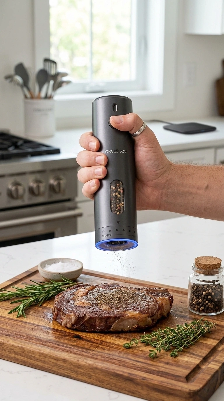 A Photo Of The Circle Joy Electric Pepper Grinder On A Kitchen Counter Next To Measuring Spoons Showing Different Grind Sizes Of Pepper.