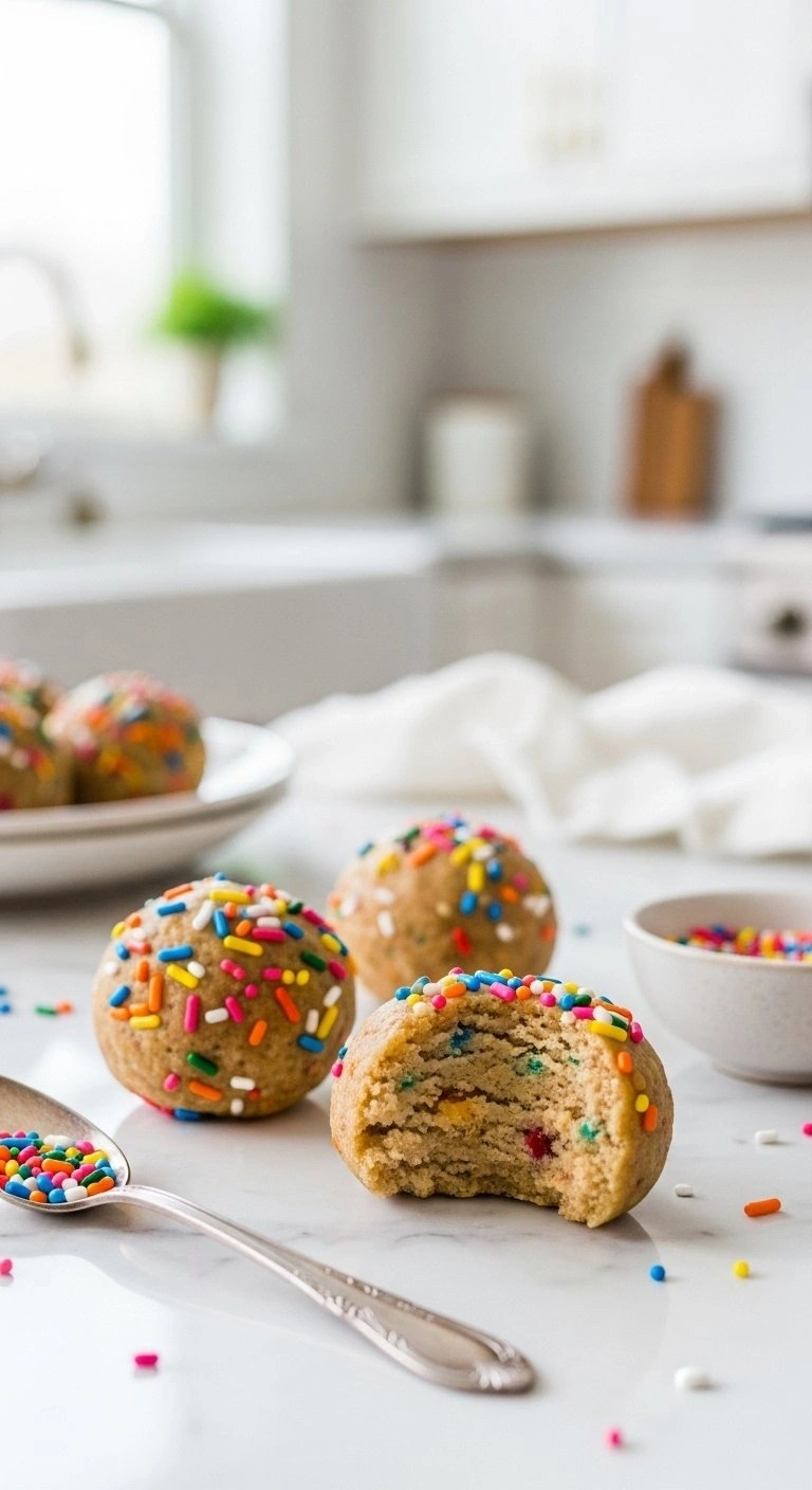 Classic Vanilla Birthday Cake Protein Bites With Rainbow Sprinkles, One Broken, On A Marble Counter With A Spoon And Sprinkles.