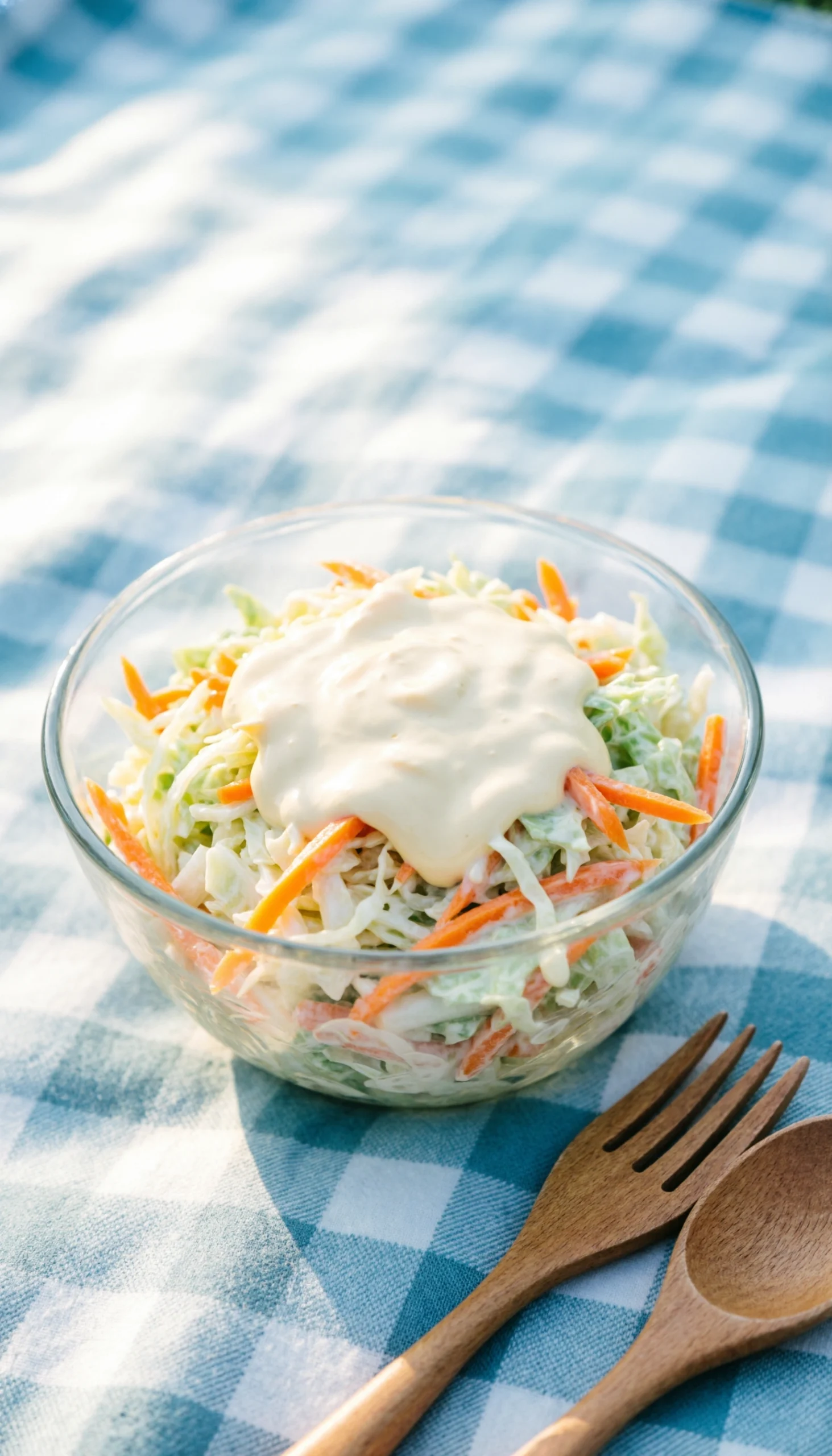 Classic creamy coleslaw with crisp cabbage and carrots in a glass bowl on a checkered picnic blanket.