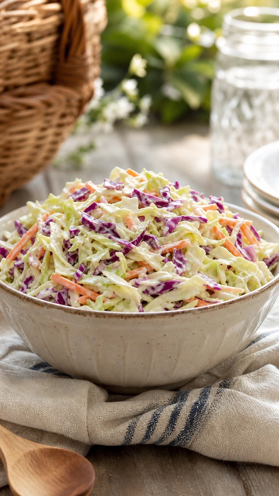 Classic creamy coleslaw with shredded green and purple cabbage and carrots in a vintage ceramic serving bowl.