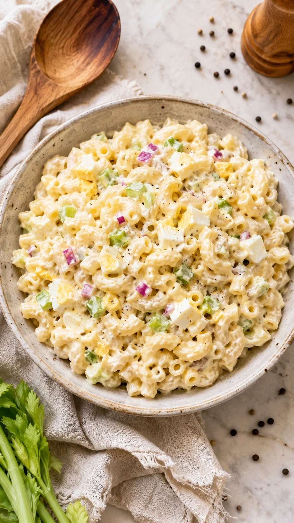 Classic creamy macaroni salad with hard-boiled eggs and celery on a vintage plate, perfect for a traditional picnic.
