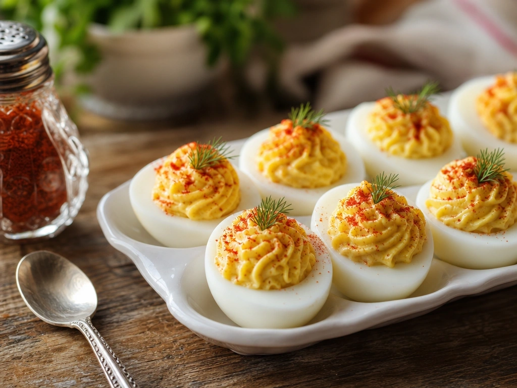 Classic deviled eggs with creamy piped yolk centers and a dusting of red paprika on a white ceramic egg platter.