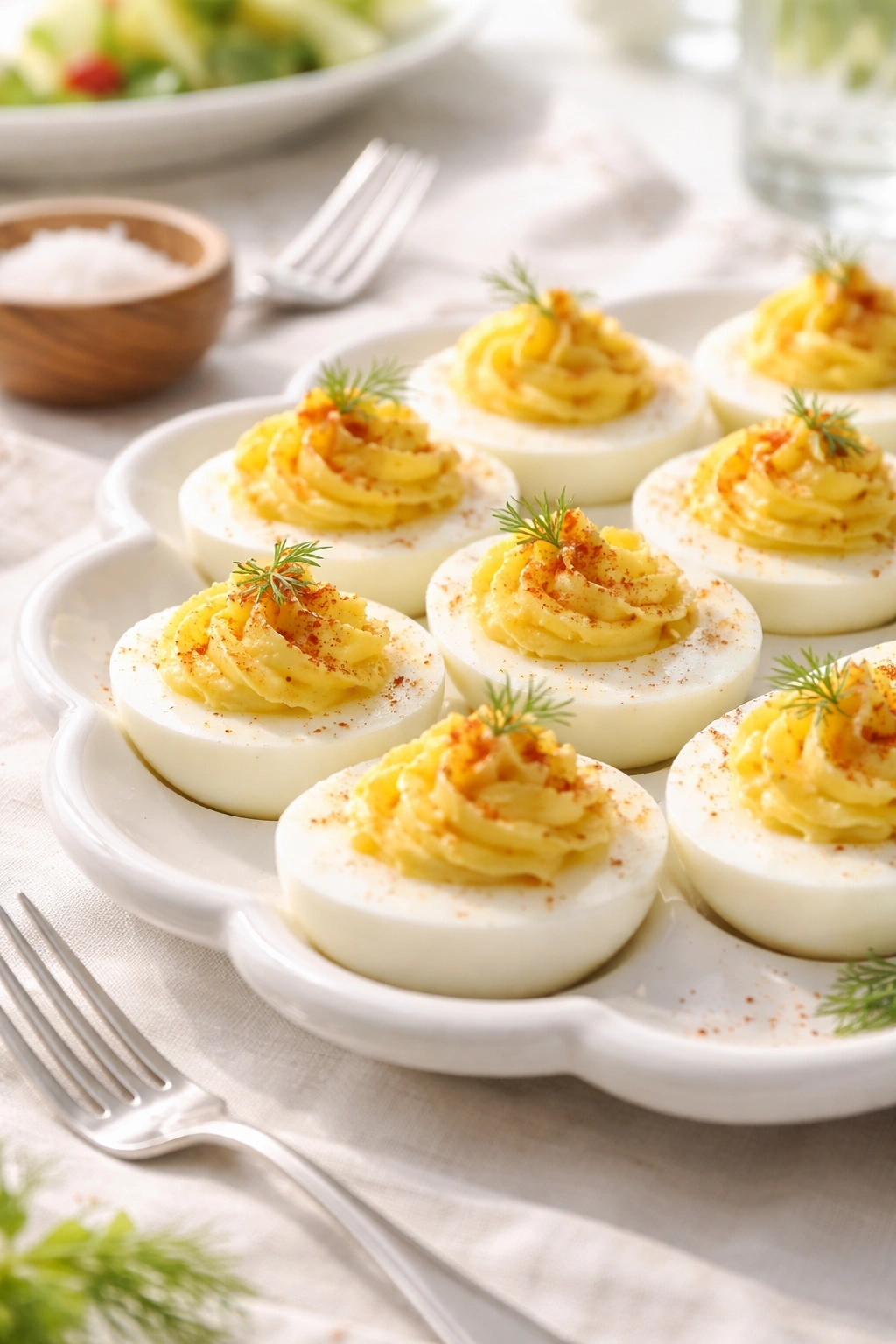 Classic deviled eggs with creamy yellow filling, dusted with paprika and dill, on a white ceramic egg platter.