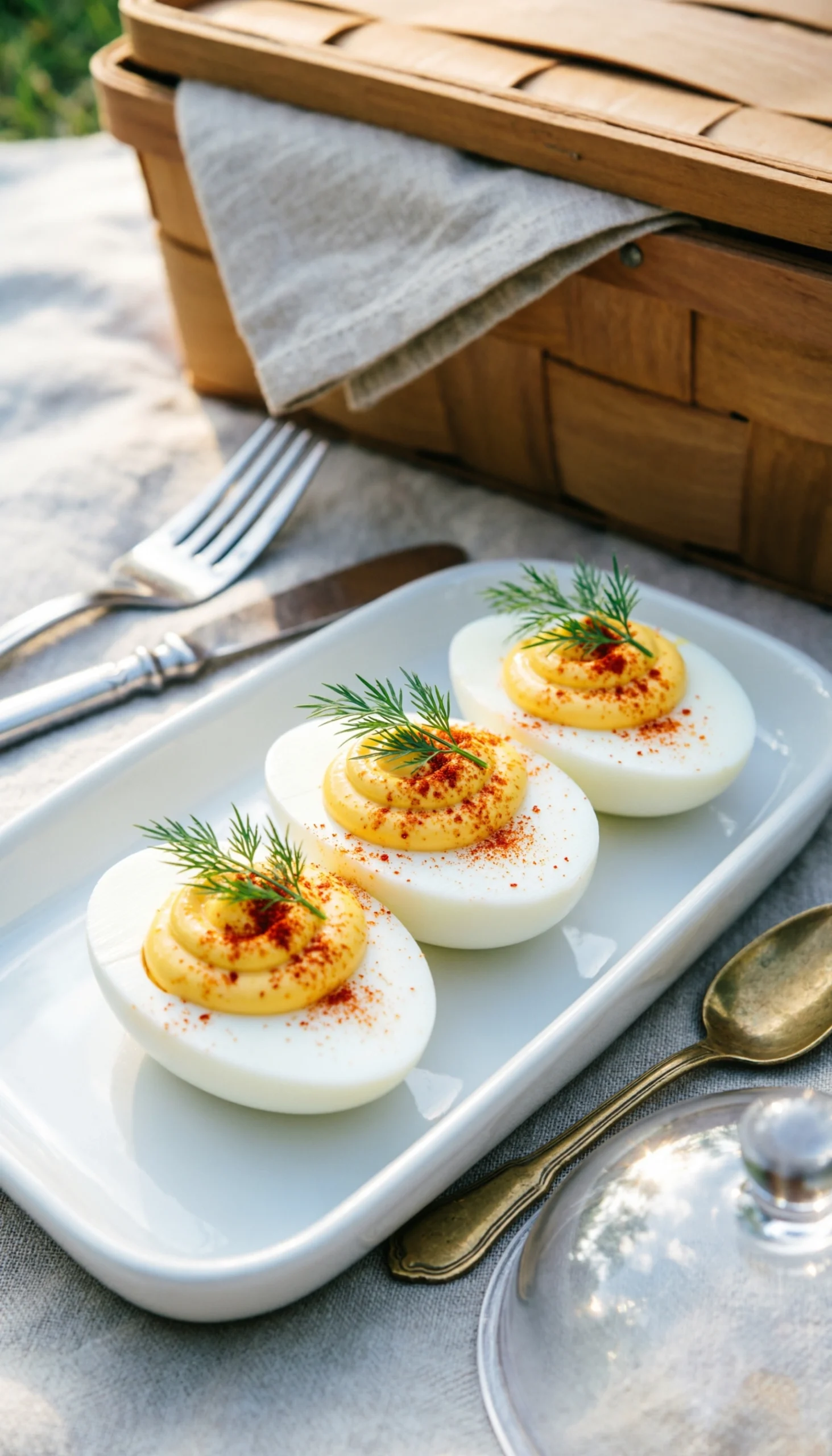 Classic deviled eggs with creamy yellow filling, paprika, and dill on a white ceramic platter for a picnic spread.