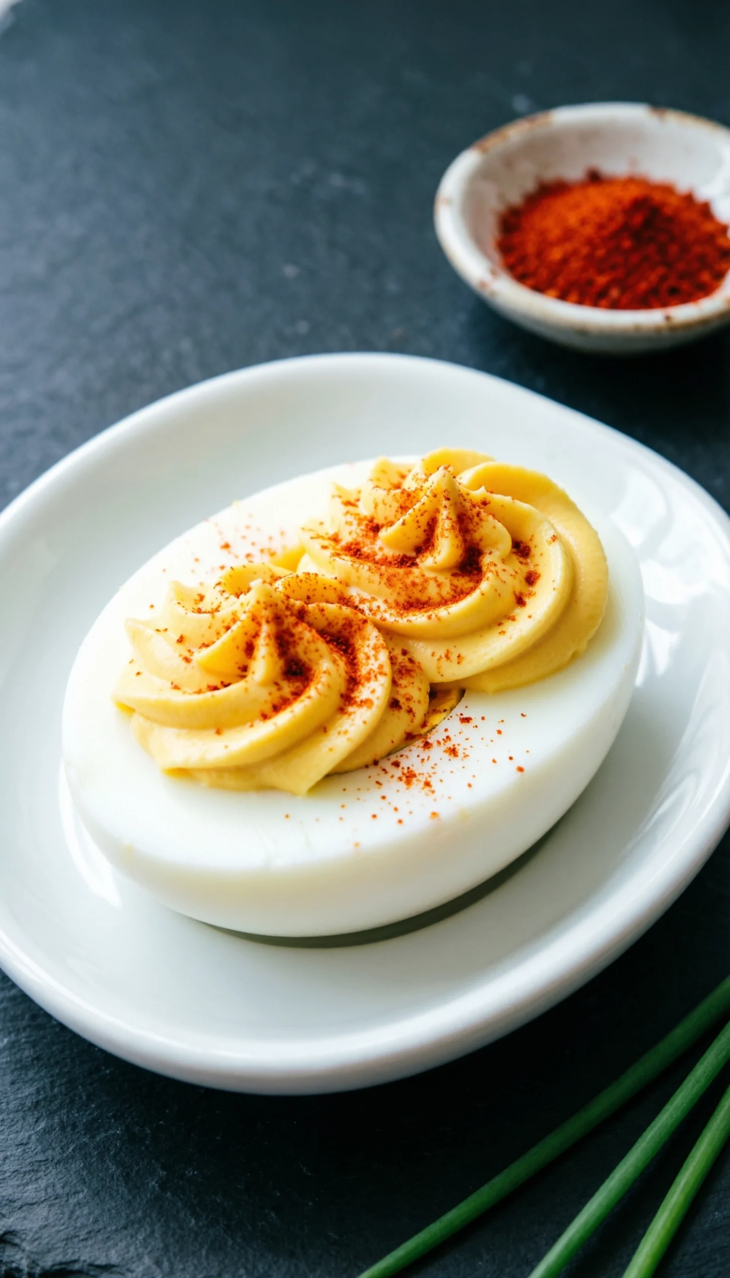 Classic deviled eggs with piped yolk filling and paprika on a white ceramic egg platter, elegantly displayed on dark slate.