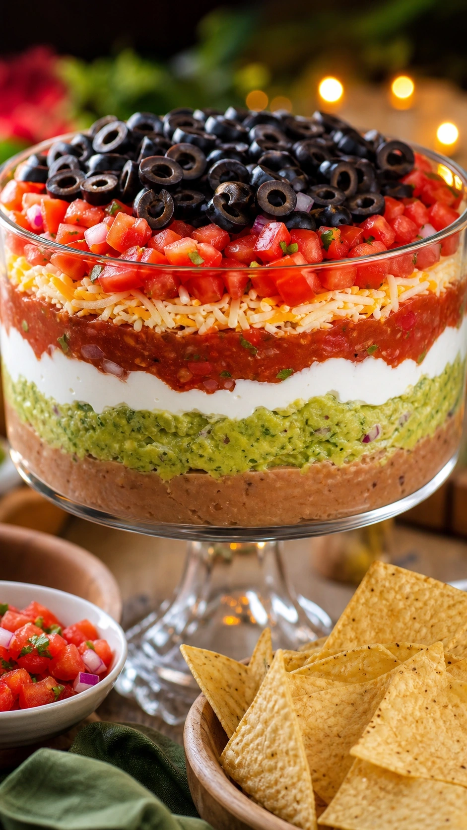 Classic seven-layer Mexican dip with guacamole and salsa in a clear glass bowl served with crunchy tortilla chips.
