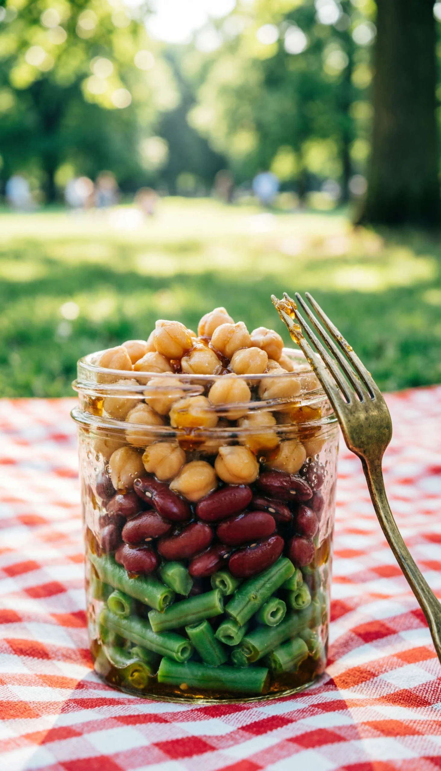 Classic three-bean salad with green beans, kidney beans, and chickpeas layered in a clear vintage glass jar.