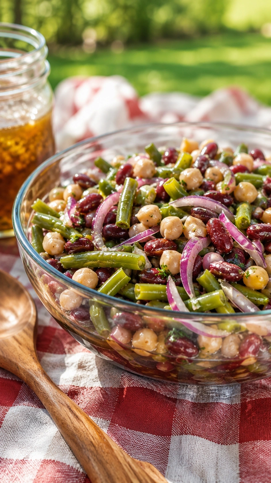 Classic Three-Bean Salad With Green Beans, Kidney Beans, Chickpeas, And Red Onions In A Clear Glass Bowl On A Checkered Picnic Blanket.