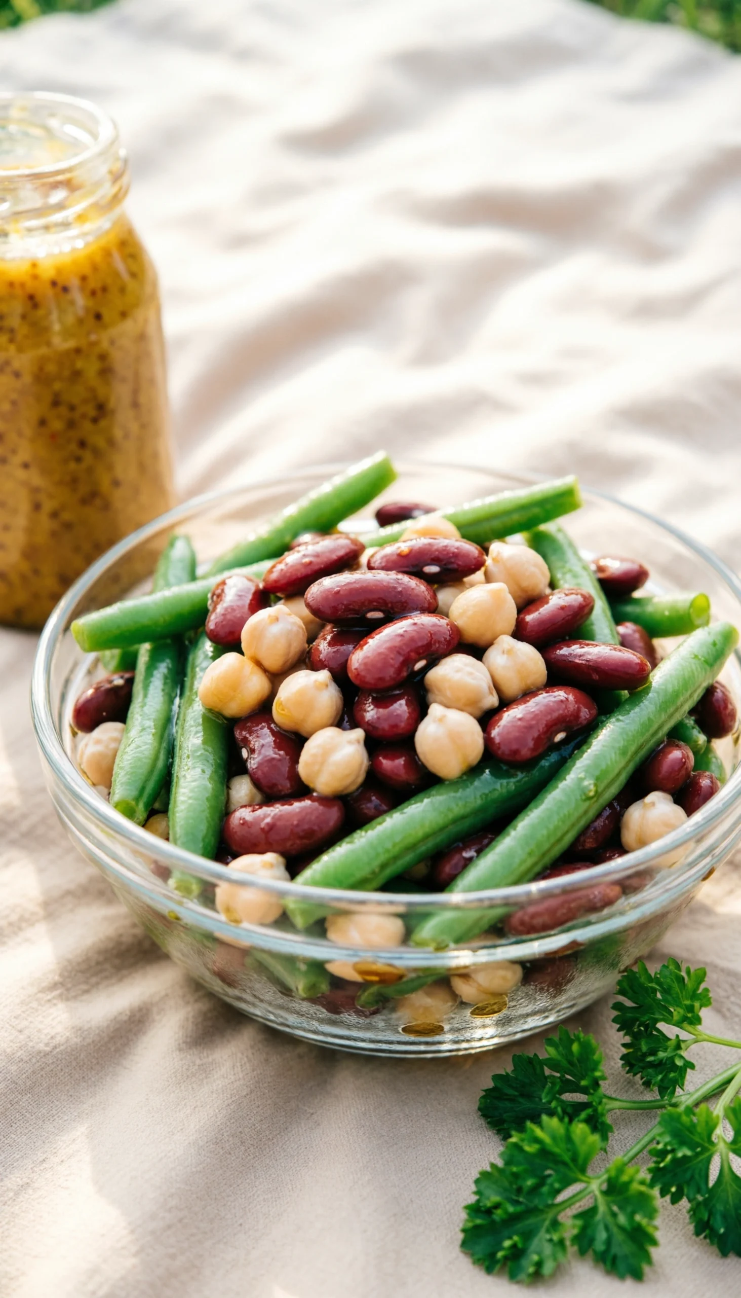 Classic three bean salad with green, kidney, and garbanzo beans in a glossy vinaigrette and glass serving bowl.