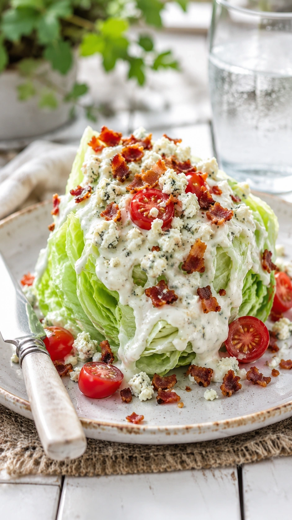 Classic wedge salad with creamy blue cheese dressing, crispy bacon, and cherry tomatoes on a vintage ceramic plate.