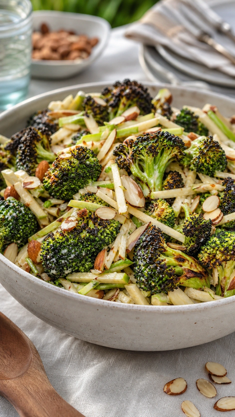 Close-Up Of Charred Broccoli And Apple Slaw With Toasted Almonds And Creamy Cider Dressing In A Ceramic Bowl.