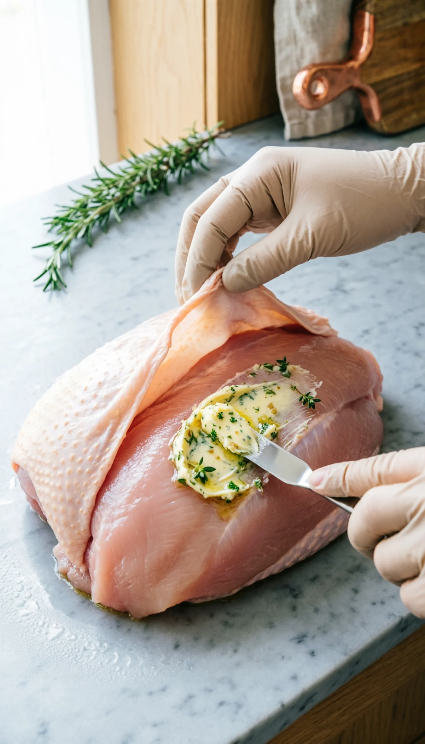 Close-up of chef hands applying garlic herb butter under the skin of a raw turkey breast on a marble counter.