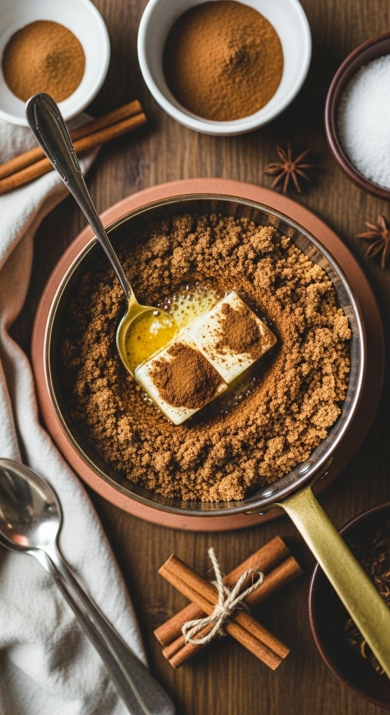 Close-Up Of Cinnamon Brown Sugar Filling Being Stirred In A Vintage Copper Bowl On A Rustic Wooden Table For Baking.