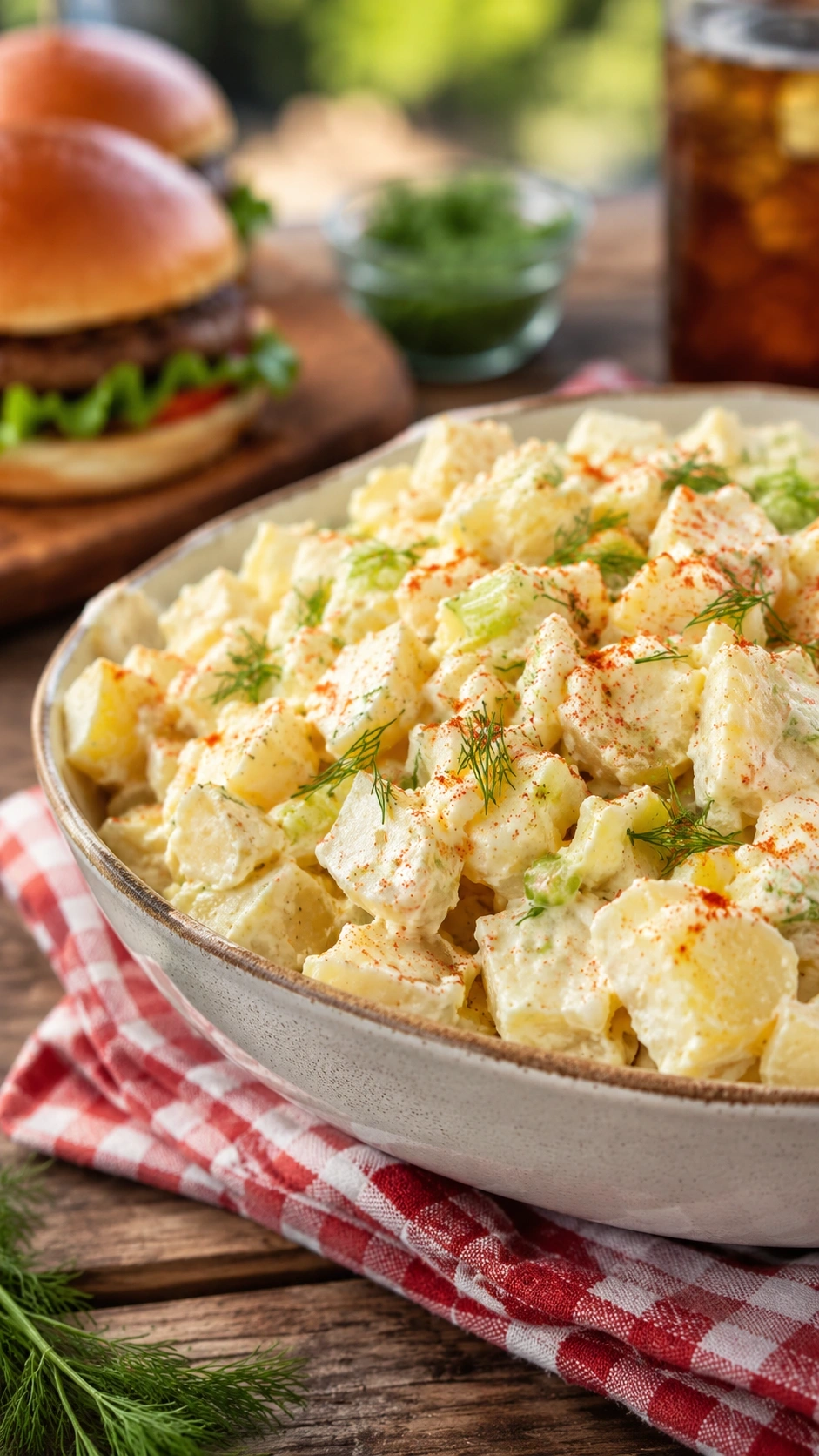 Close-up of creamy classic potato salad with fresh dill, paprika, and celery on a rustic wooden table, perfect for a summer BBQ.