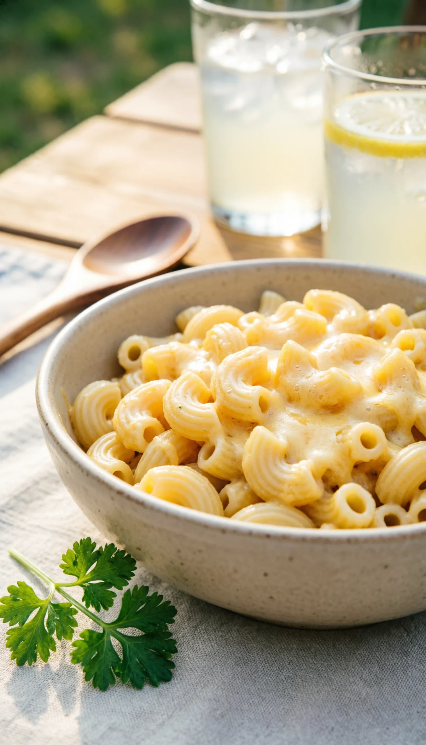 Close-up of creamy golden macaroni and cheese with elbow pasta, garnished with fresh parsley in a rustic bowl on a linen tablecloth.