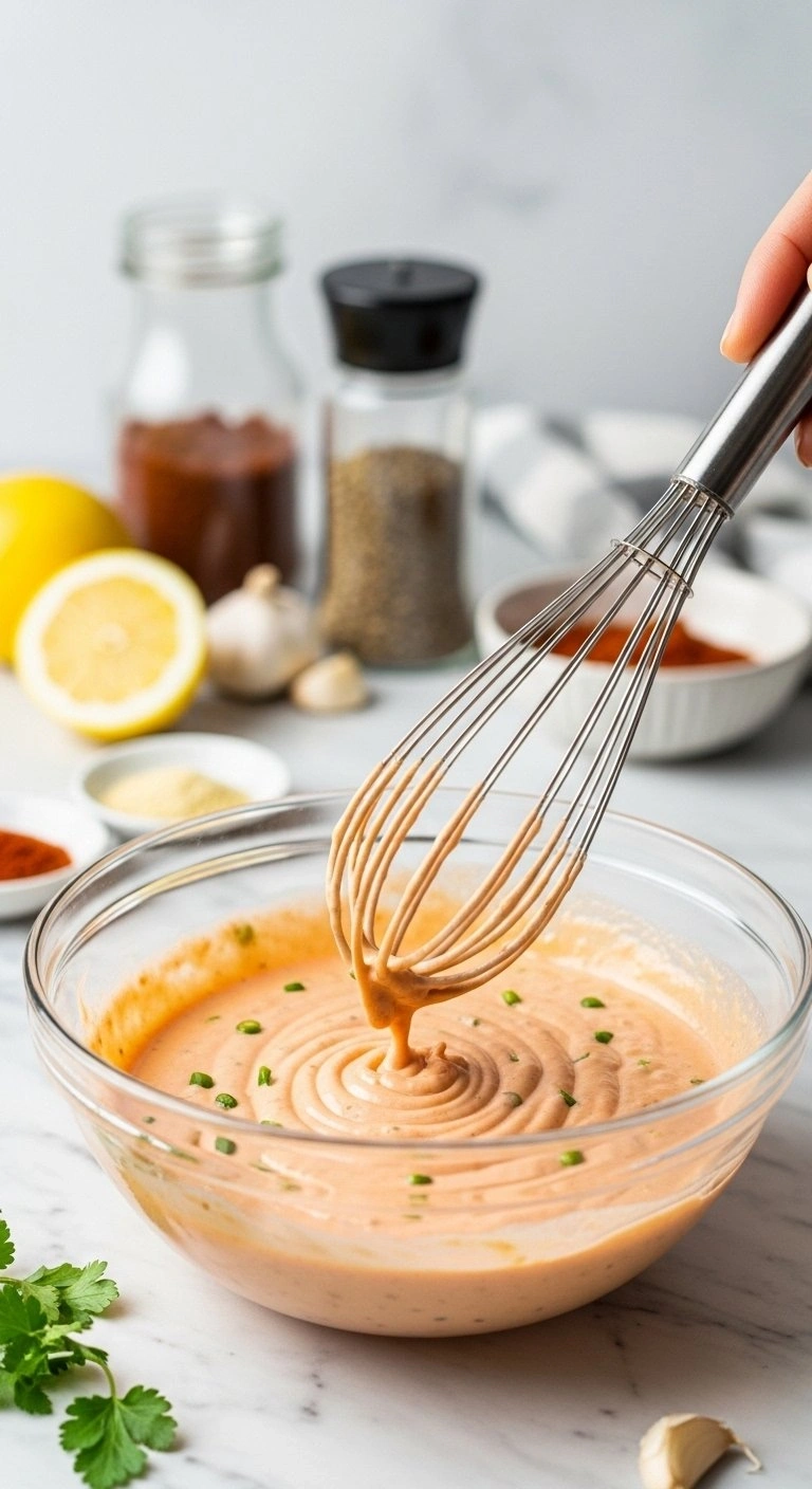 Close-Up Of Creamy Pink Homemade Burger Sauce With Green Relish Being Whisked In A Glass Bowl On A Marble Counter, Evoking Freshness.