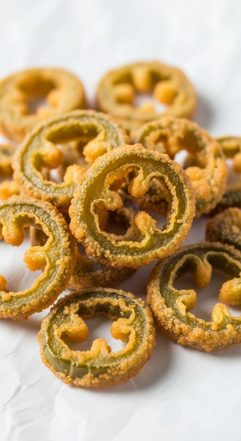 Close-Up Of Crispy, Golden-Brown Fried Jalapeño Slices On Parchment Paper Highlighting The Crunchy Texture Of The Rings.