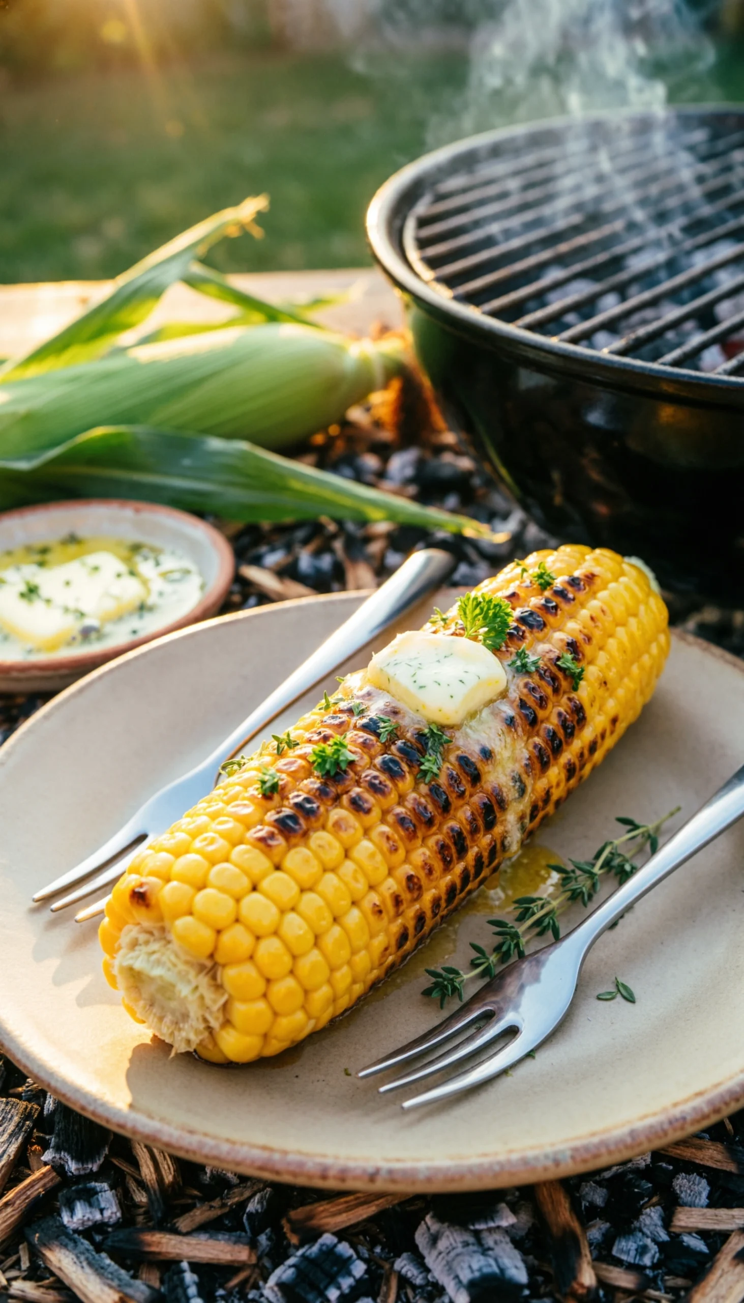 Close-up of perfectly charred grilled corn on the cob with melting herb butter and corn holders in a rustic tray, ready for summer.