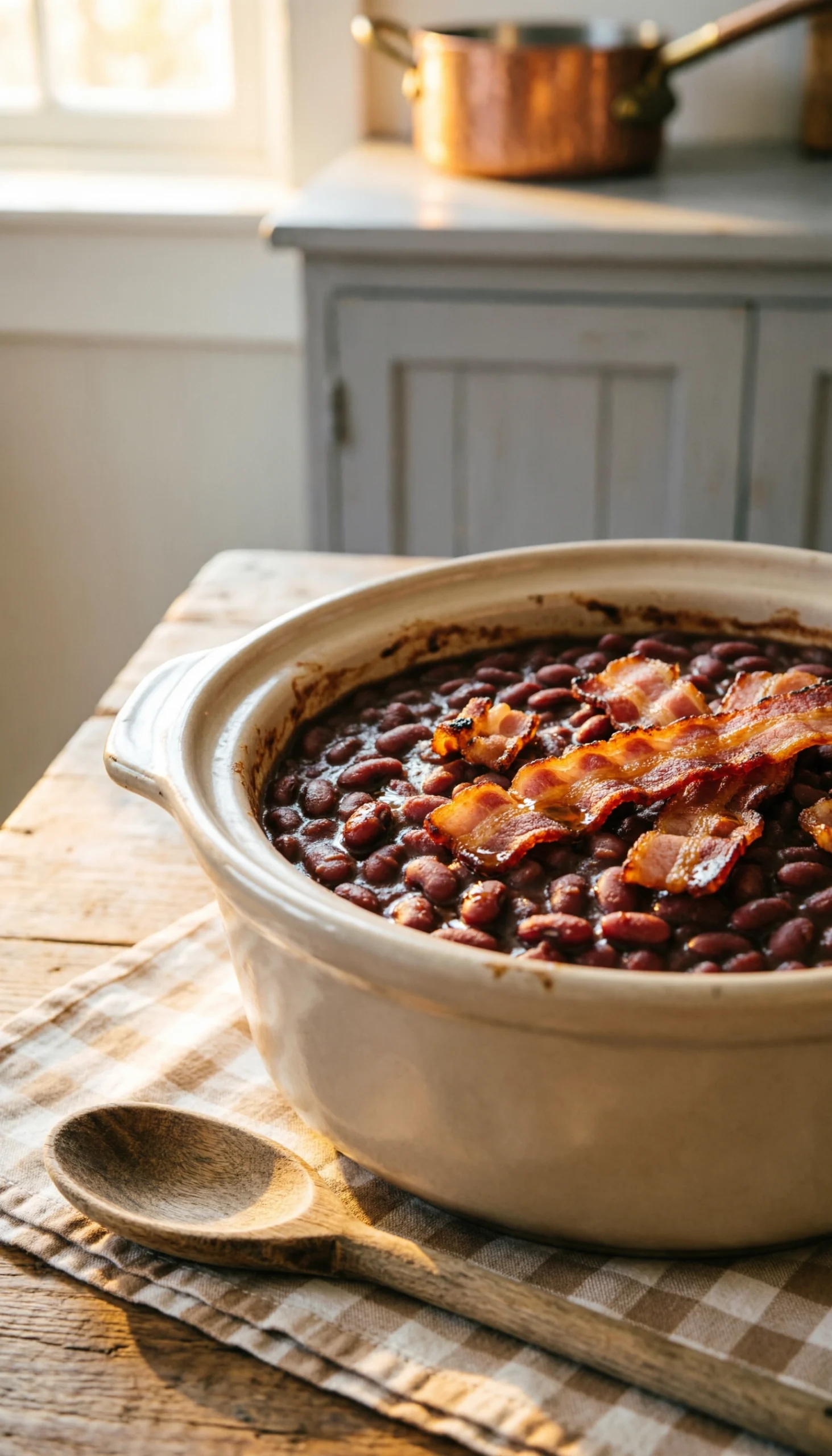 Close-up of rich, bubbling slow cooker baked beans with thick bacon pieces and a glossy brown sugar glaze on a rustic table.
