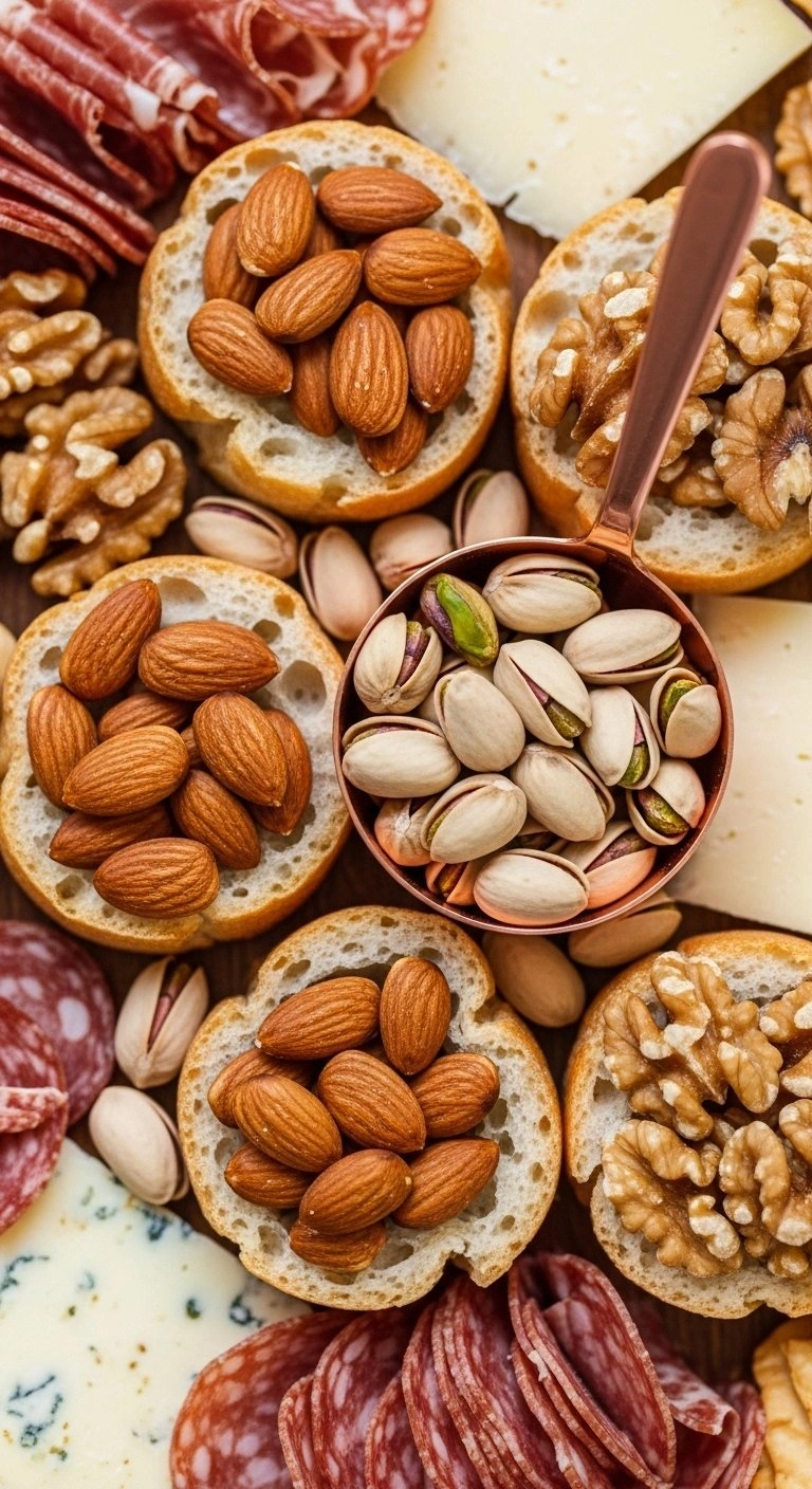 Close-Up Of Roasted Marcona Almonds And Green Pistachios Filling The Gaps On A Mediterranean Appetizer Platter.