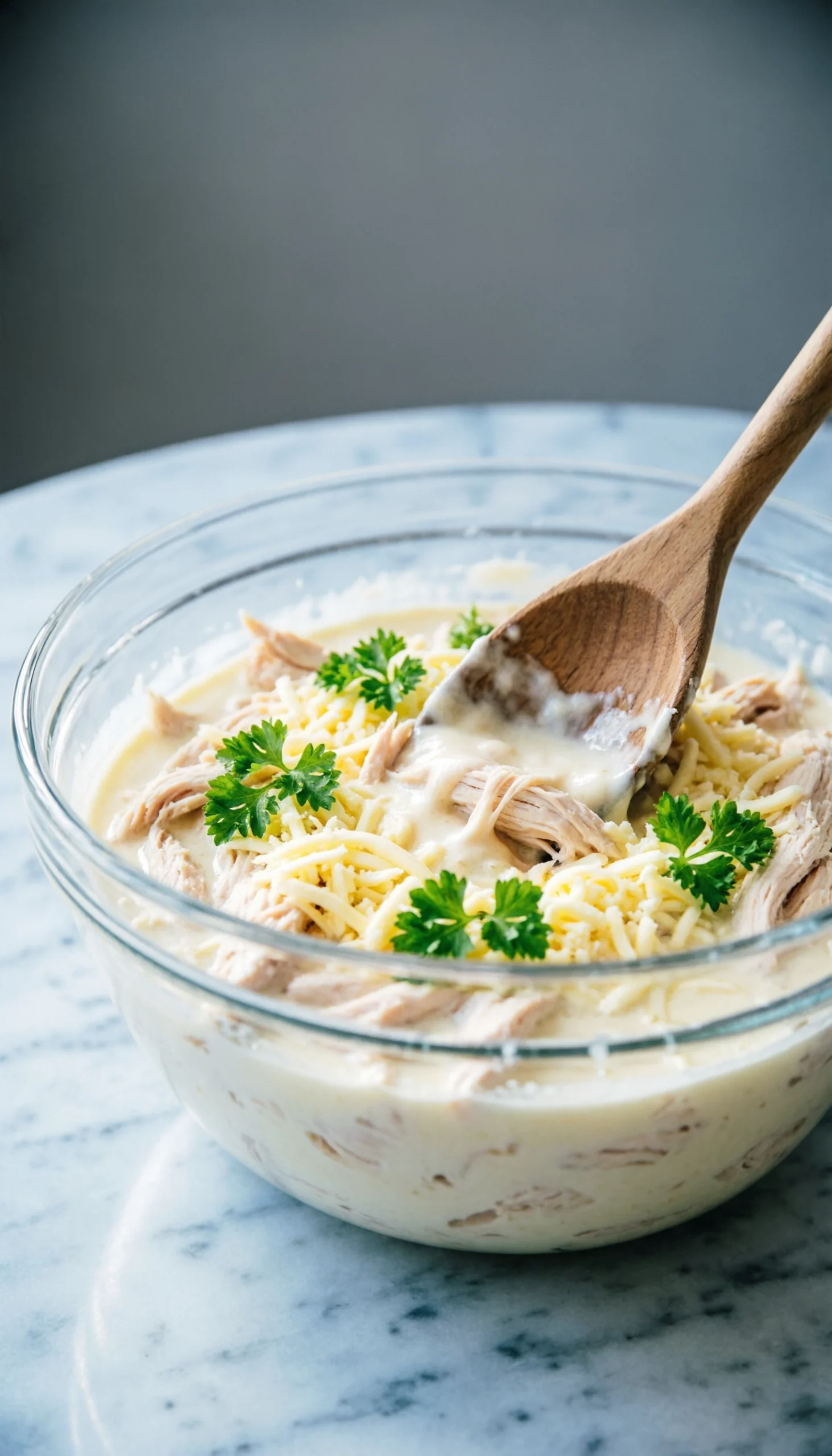 Close-up of shredded chicken, creamy Alfredo sauce, and mozzarella cheese being stirred in a glass bowl on marble.
