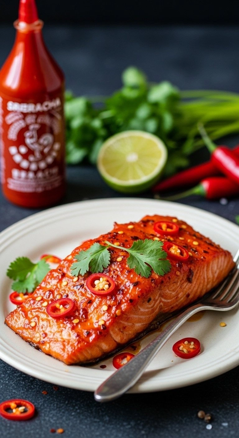 Close-Up Of Spicy Sriracha Pineapple Glazed Salmon With Red Chili Flakes And Cilantro On A Vintage Plate, Highlighting Bold, Vibrant Flavors.