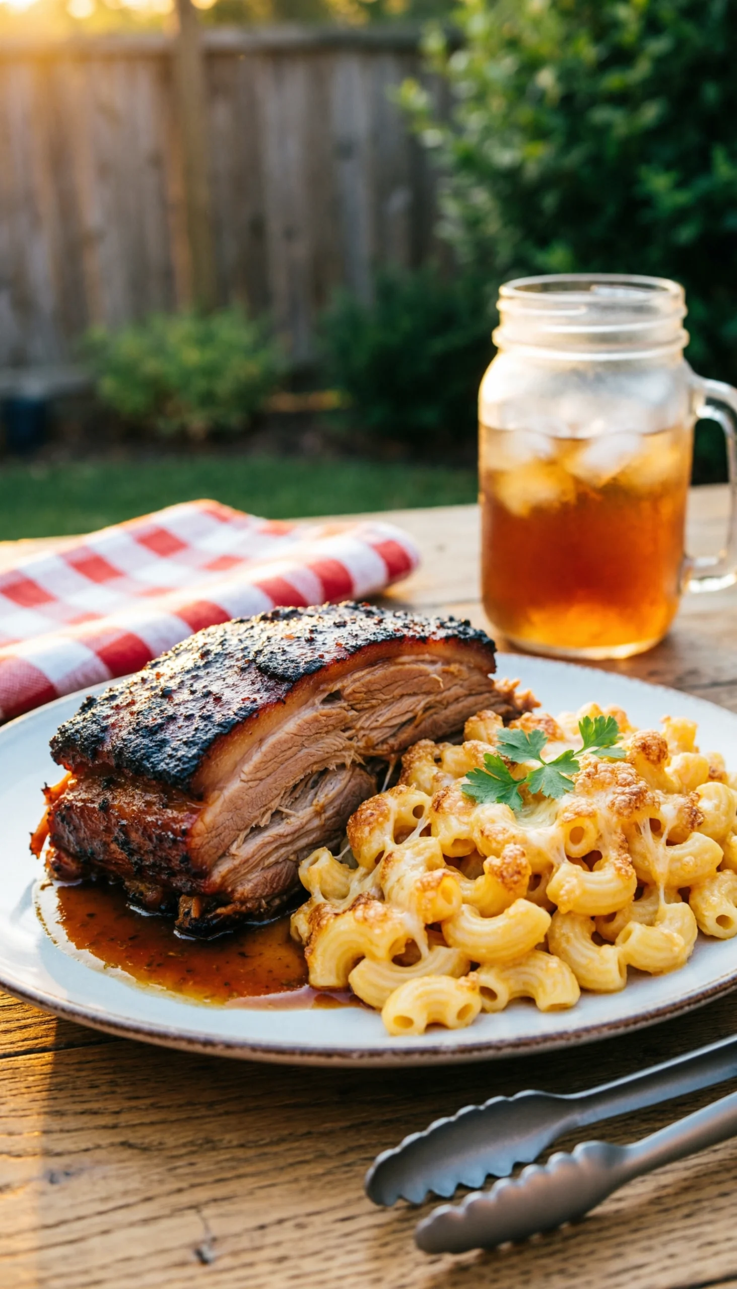 Close-up of tender Carolina pulled pork with a vinegar glaze next to golden baked mac and cheese on a rustic table.