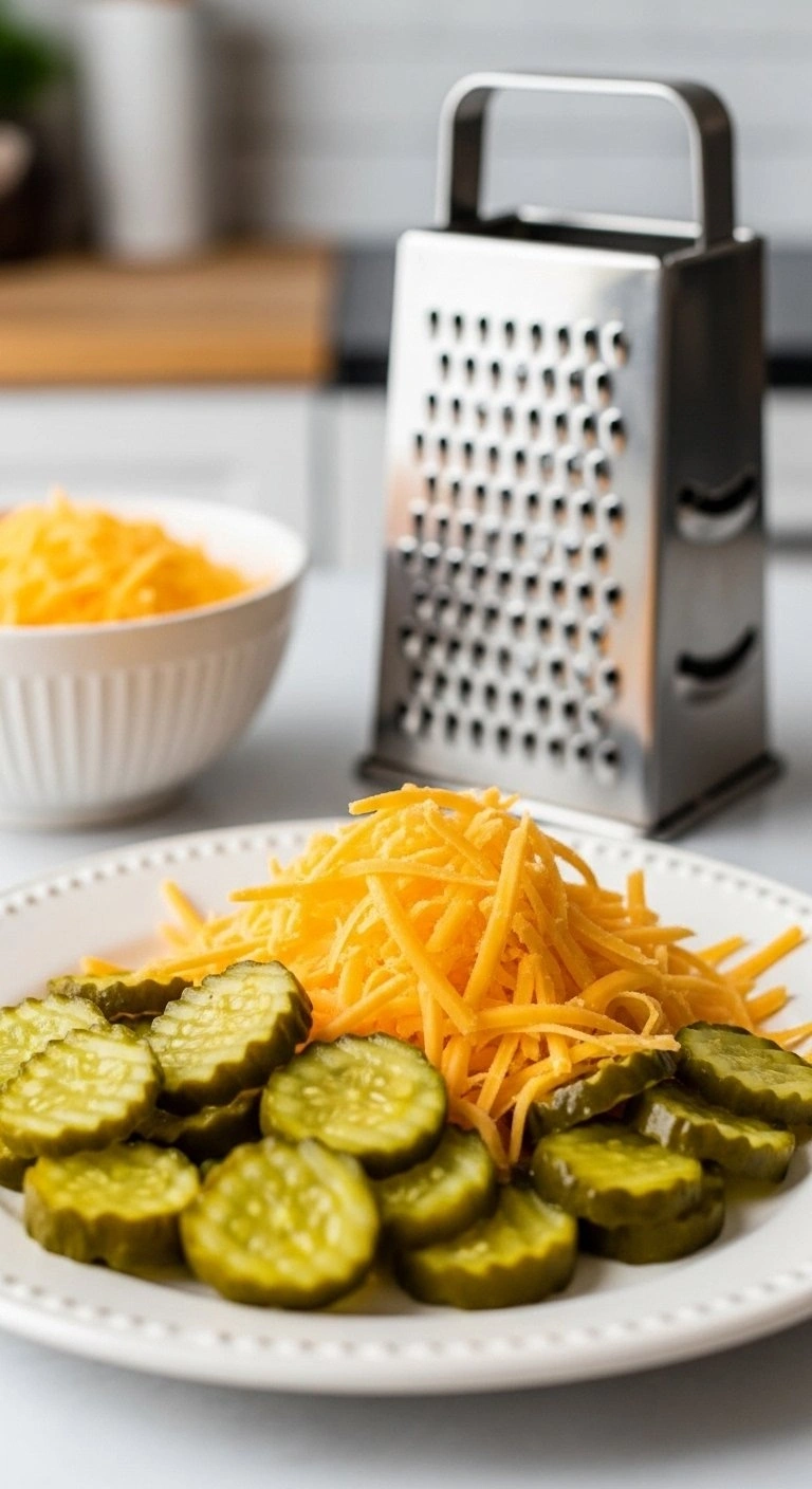 Close-Up Of Vibrant Grated Sharp Cheddar Cheese Next To Crinkle-Cut Dill Pickle Slices On A Vintage Ceramic Plate.