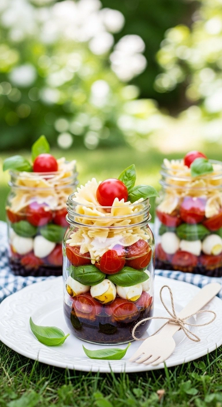 Colorful Caprese Pasta Salad Layered With Farfalle, Mozzarella, Tomatoes, And Basil In Three Mason Jars For A Picnic.