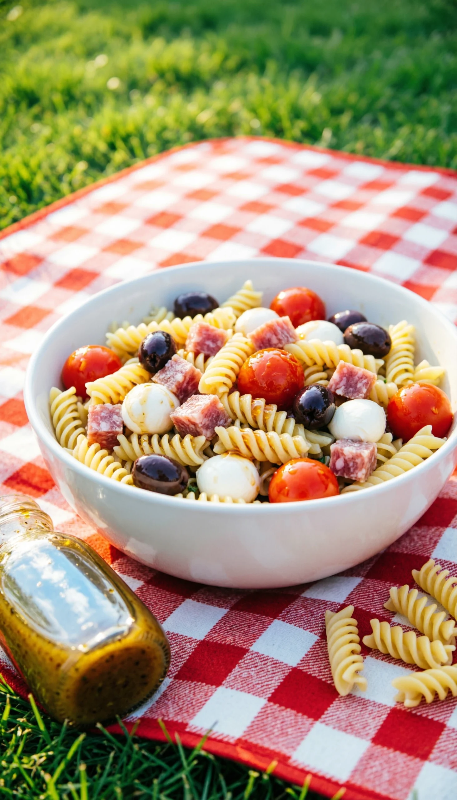 Colorful Italian pasta salad with rotini, tomatoes, olives, mozzarella, and salami on a red and white checkered blanket.