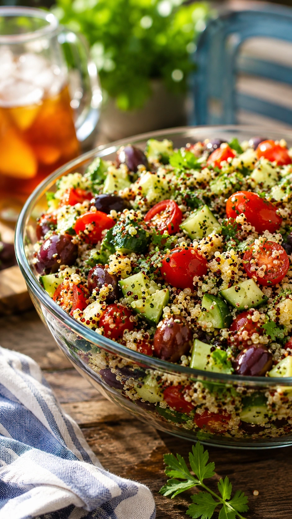 Colorful Mediterranean Quinoa Salad In A Glass Bowl Features Tri-Color Quinoa, Tomatoes, Cucumbers, Olives, And Parsley On A Rustic Wooden Table.