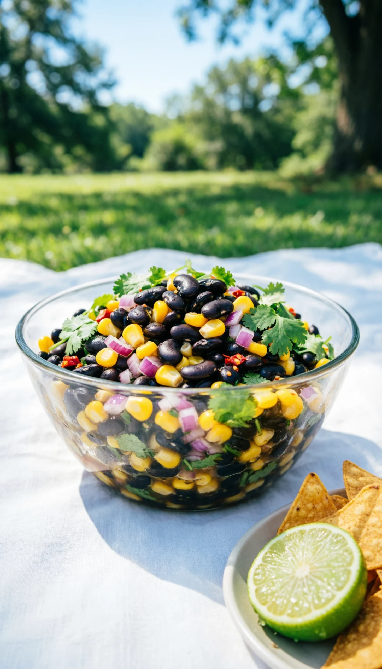 Colorful Mexican black bean and corn salad with red onions and fresh cilantro in a glass bowl on a white tablecloth.