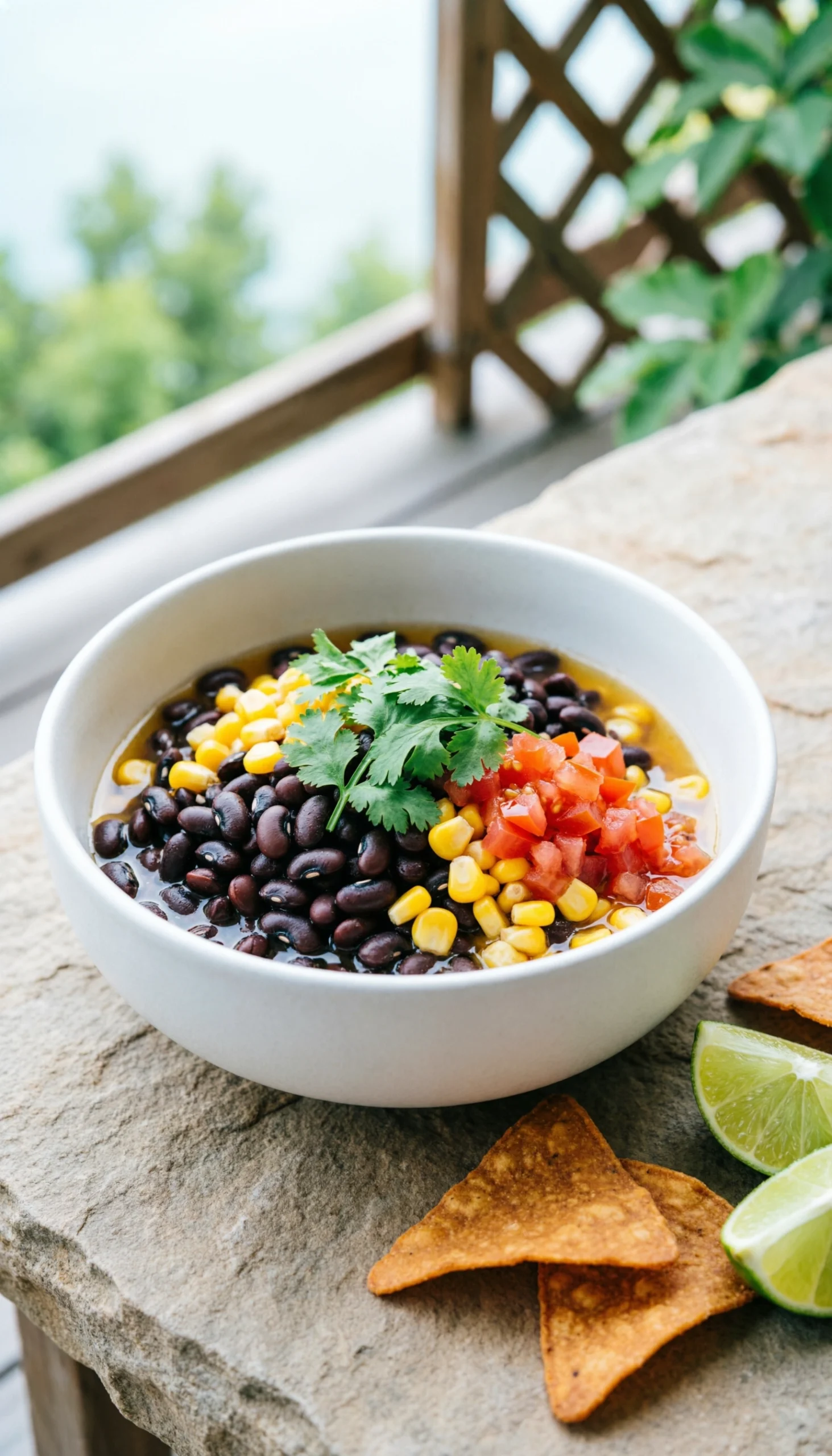 Colorful Texas caviar bean dip with corn and cilantro served in a ceramic bowl with crispy salty tortilla chips.