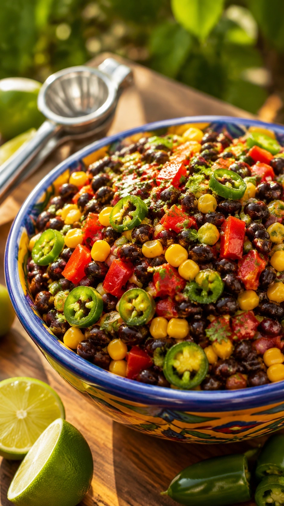Colorful black bean salad with yellow corn, red peppers, and jalapeños in a ceramic bowl with fresh lime juice.